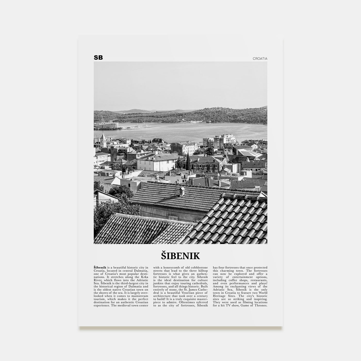Šibenik Travel B&W Poster