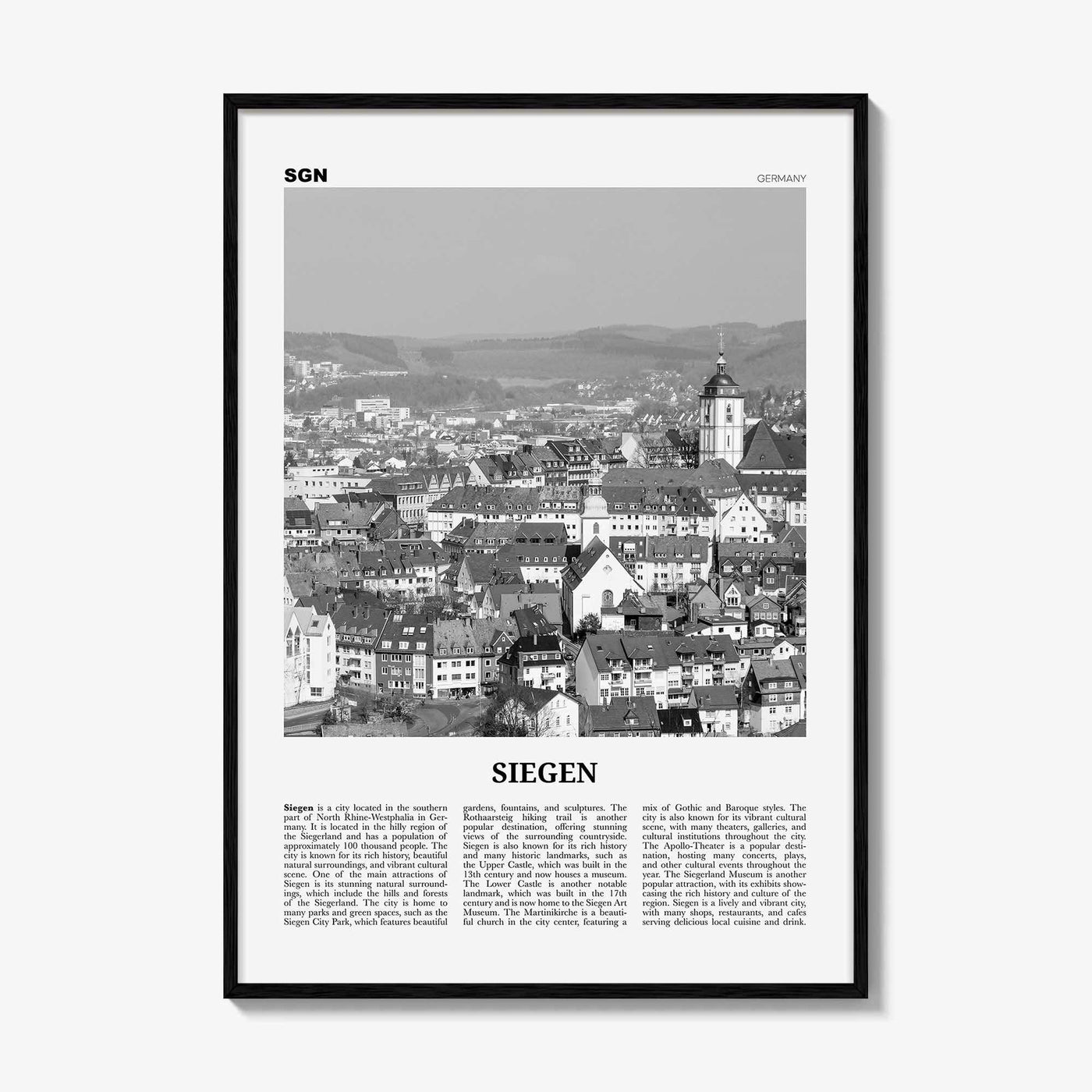 Siegen Print Black and White, Siegen Wall Art, Siegen Poster, Siegen Photo, Siegen Wall Décor, Siegen Map, Germany