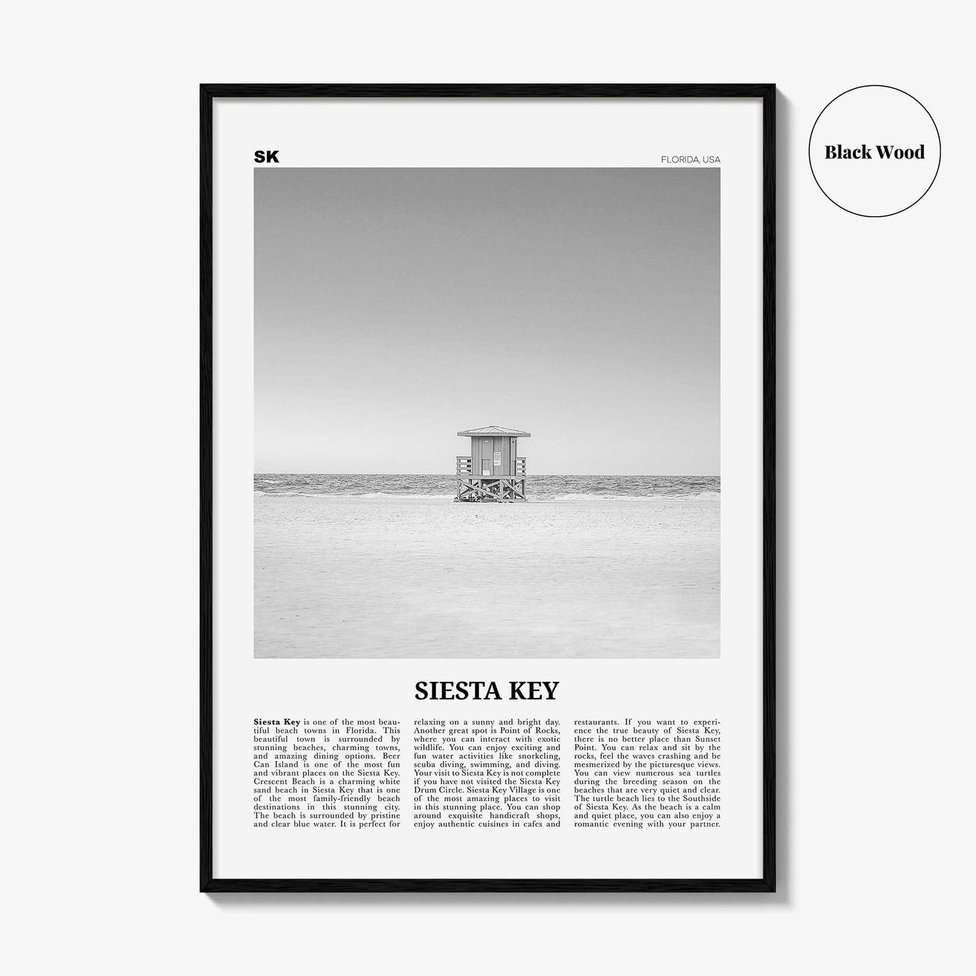 Siesta Key Print Black and White, Siesta Key Wall Art, Siesta Key Poster, Siesta Key Photo, Siesta Key Map, Florida, USA