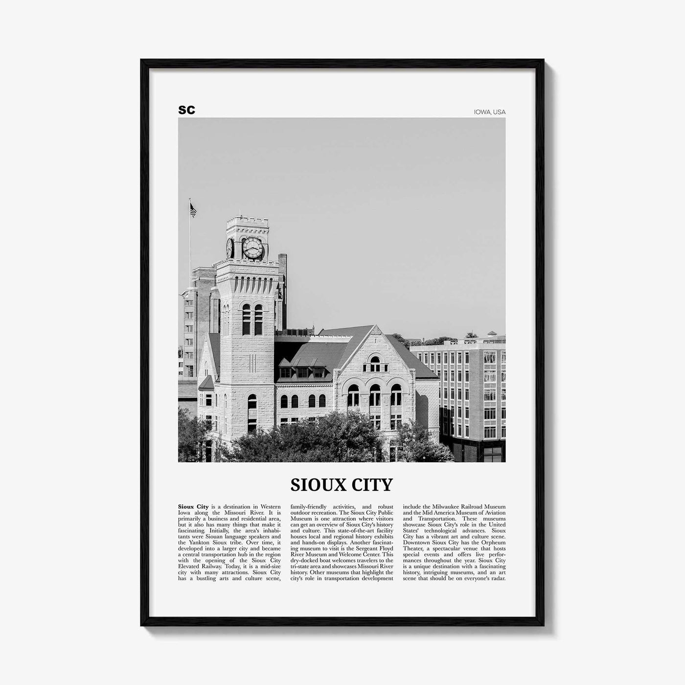 Sioux City Print Black and White, Sioux City Wall Art, Sioux City Poster, Sioux City Photo, Sioux City Wall Décor, Sioux City Map, Iowa, USA