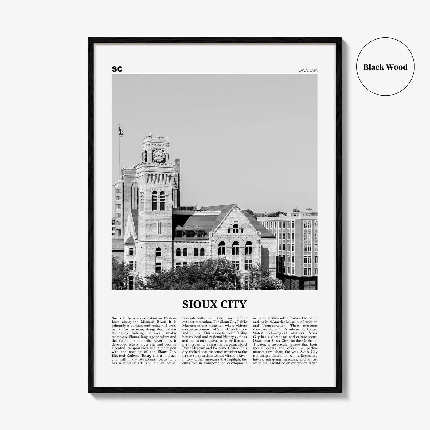Sioux City Print Black and White, Sioux City Wall Art, Sioux City Poster, Sioux City Photo, Sioux City Wall Décor, Sioux City Map, Iowa, USA