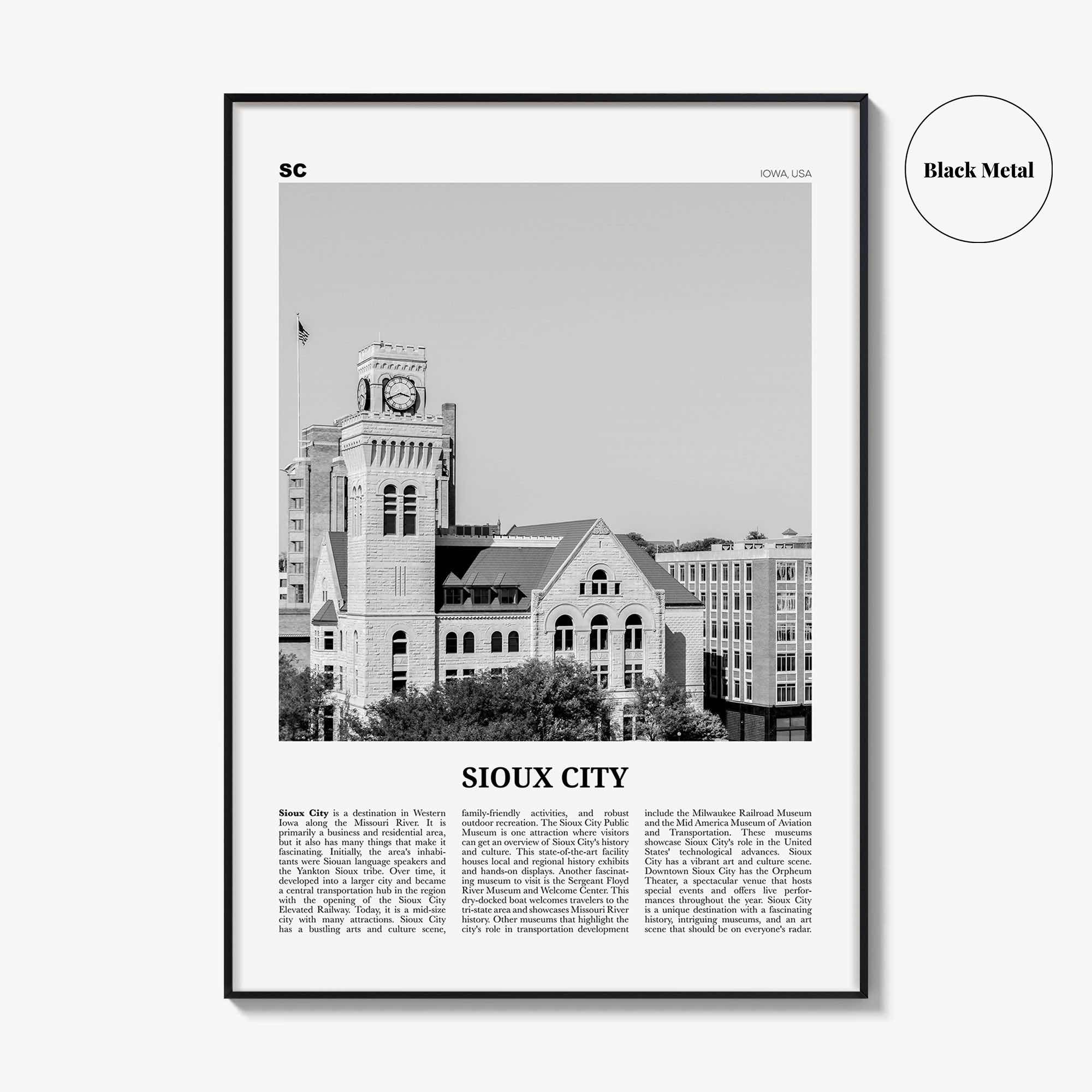 Sioux City Print Black and White, Sioux City Wall Art, Sioux City Poster, Sioux City Photo, Sioux City Wall Décor, Sioux City Map, Iowa, USA