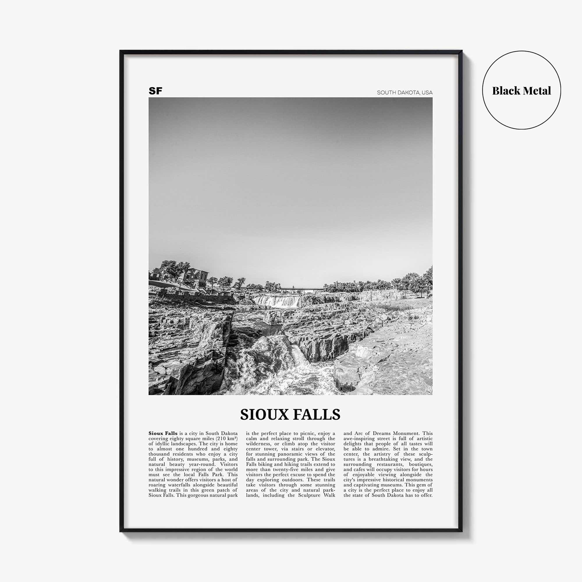 Sioux Falls Print Black and White, Sioux Falls Wall Art, Sioux Falls Poster, Sioux Falls Photo, Sioux Falls Map, South Dakota, USA