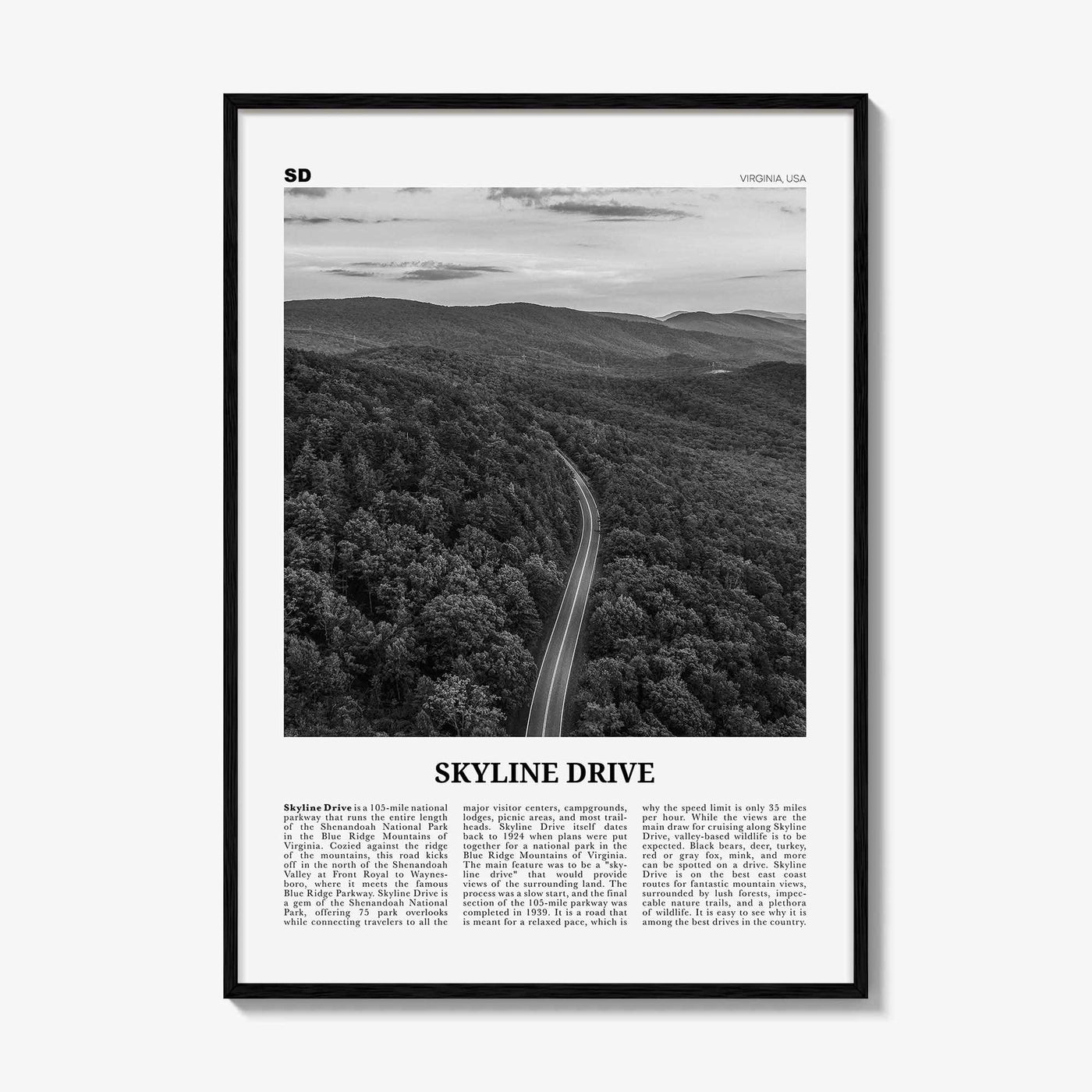 Skyline Drive Print Black and White, Skyline Drive Art, Skyline Drive Poster, Skyline Drive Photo, Skyline Drive Décor, Skyline Drive Map