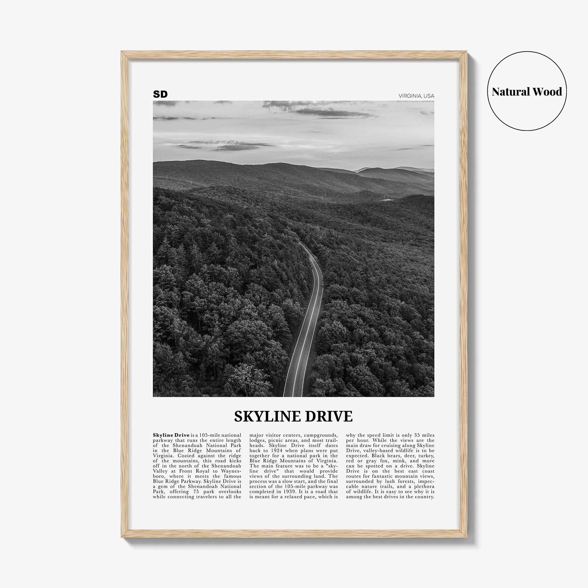 Skyline Drive Print Black and White, Skyline Drive Art, Skyline Drive Poster, Skyline Drive Photo, Skyline Drive Décor, Skyline Drive Map