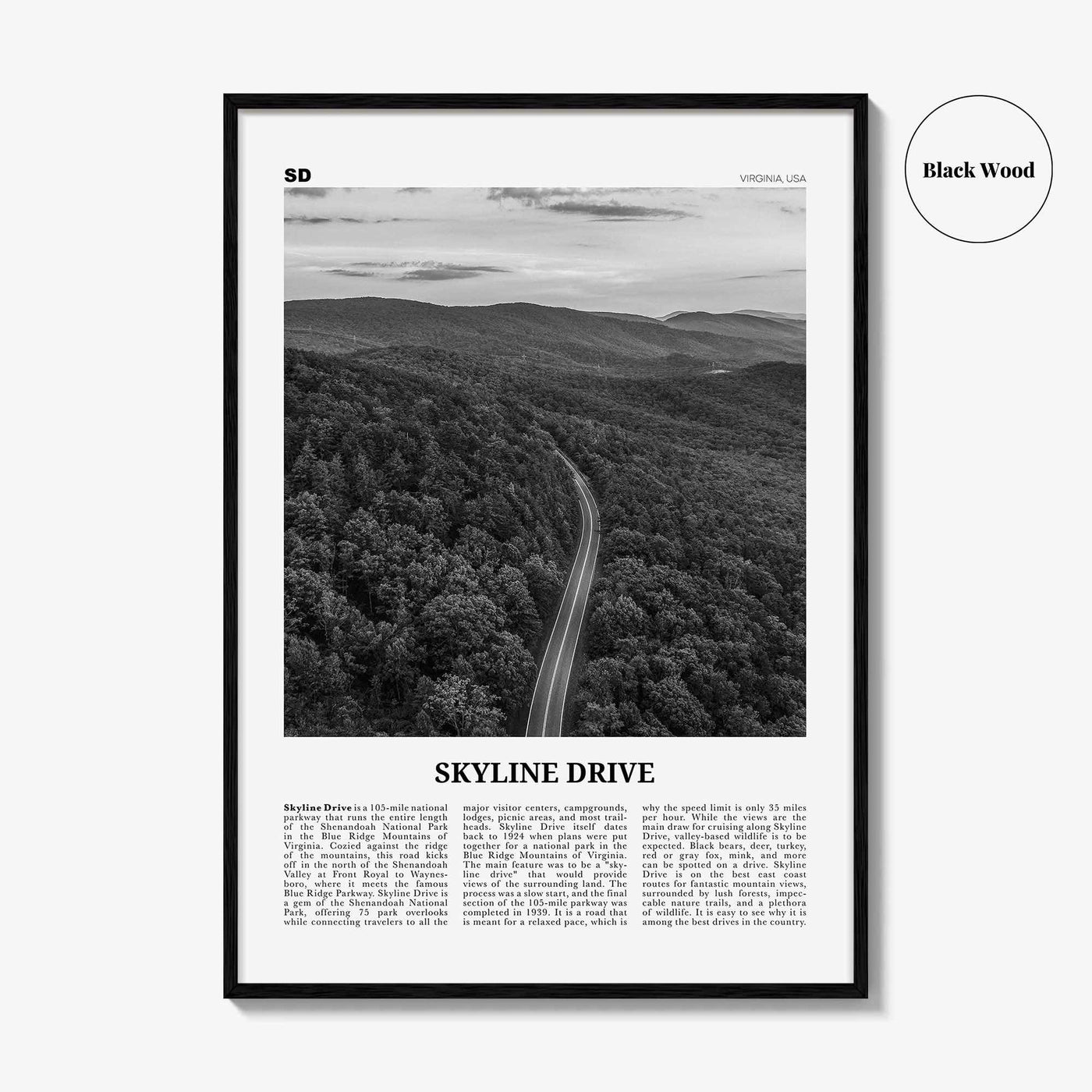 Skyline Drive Print Black and White, Skyline Drive Art, Skyline Drive Poster, Skyline Drive Photo, Skyline Drive Décor, Skyline Drive Map