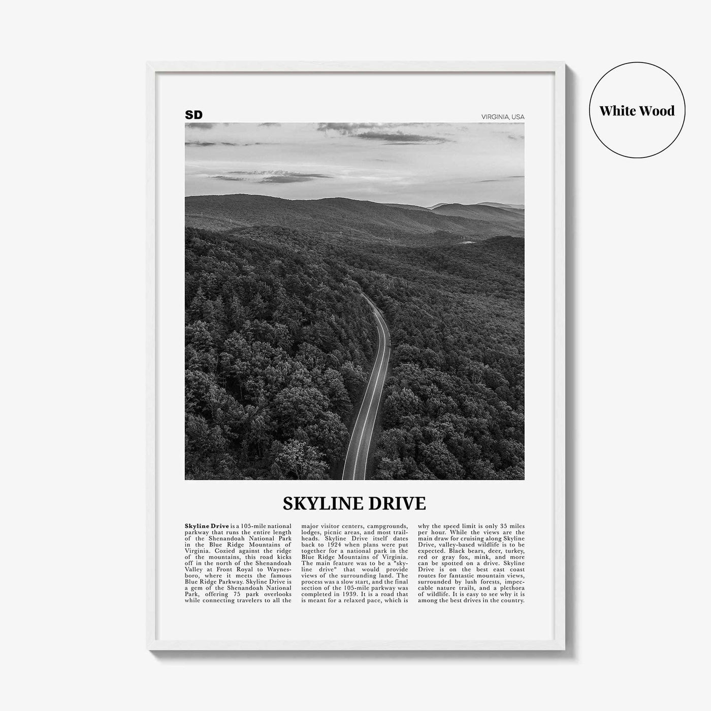 Skyline Drive Print Black and White, Skyline Drive Art, Skyline Drive Poster, Skyline Drive Photo, Skyline Drive Décor, Skyline Drive Map