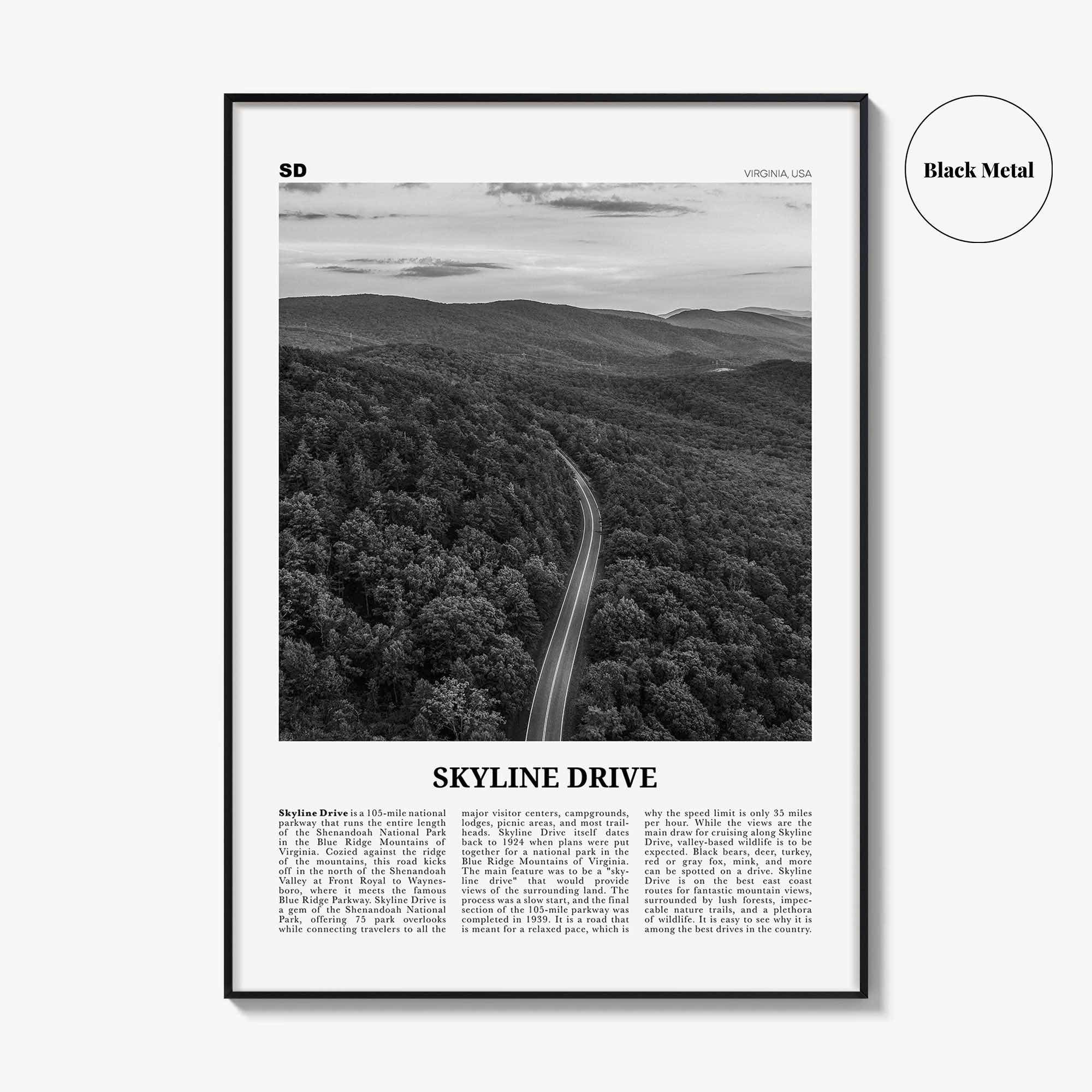 Skyline Drive Print Black and White, Skyline Drive Art, Skyline Drive Poster, Skyline Drive Photo, Skyline Drive Décor, Skyline Drive Map