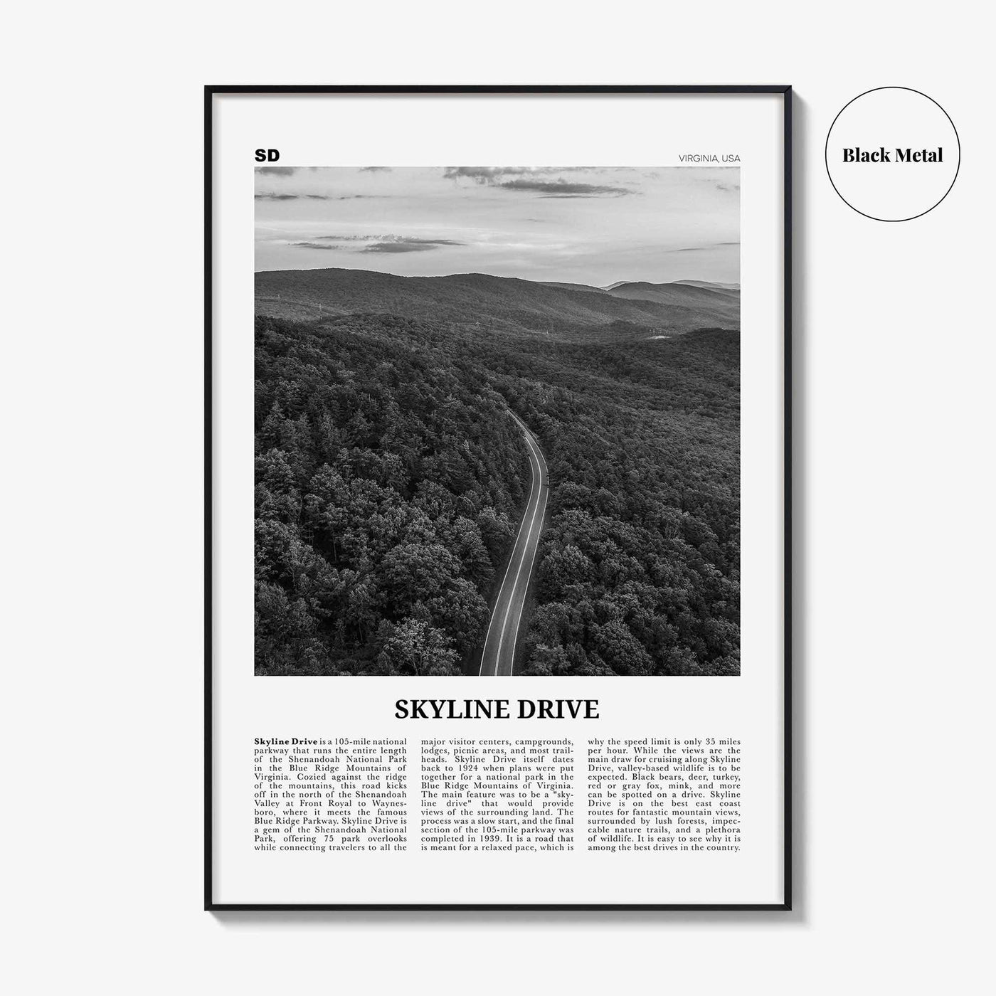 Skyline Drive Print Black and White, Skyline Drive Art, Skyline Drive Poster, Skyline Drive Photo, Skyline Drive Décor, Skyline Drive Map