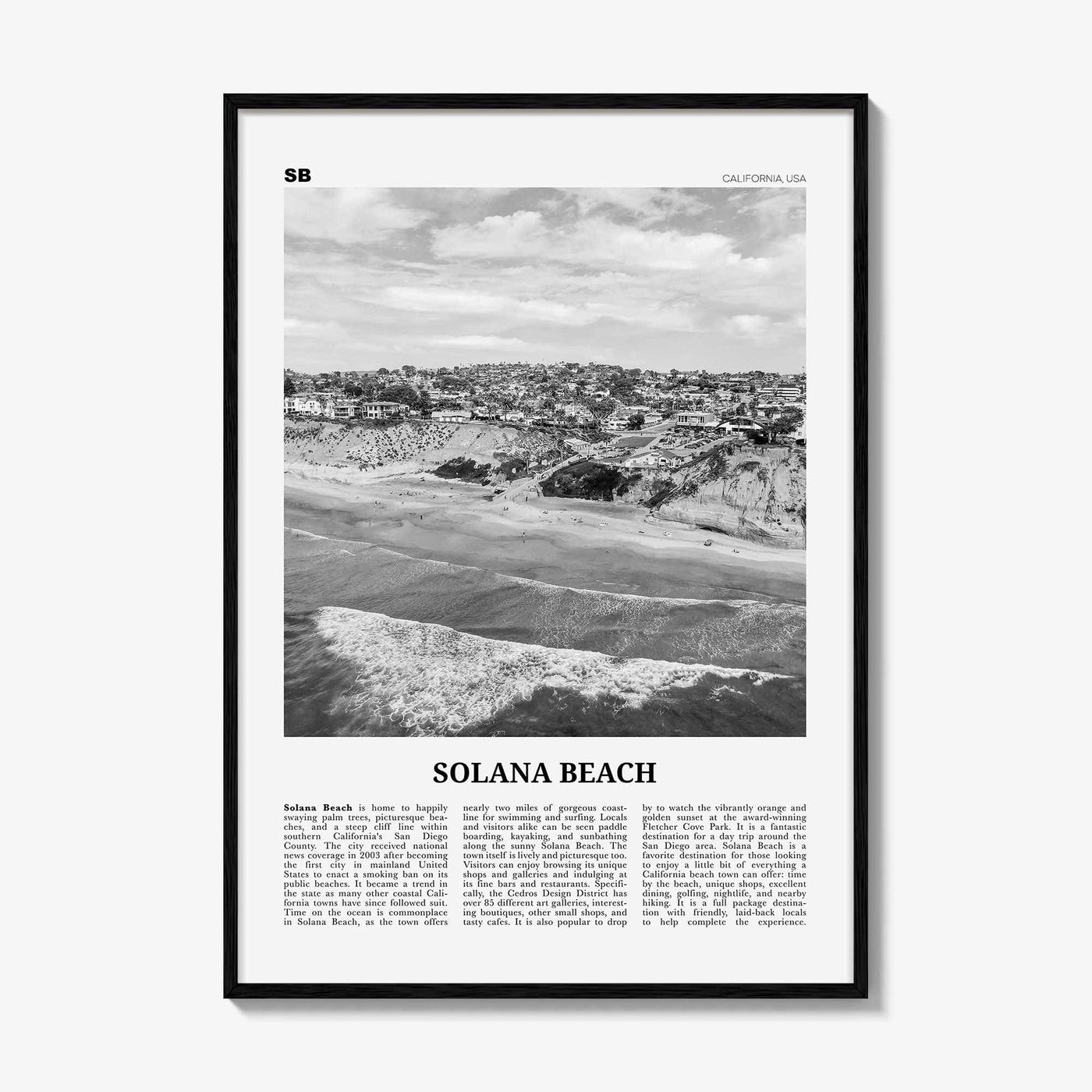 Solana Beach Print Black and White, Solana Beach Wall Art, Solana Beach Poster, Solana Beach Photo, California, USA, United States, America