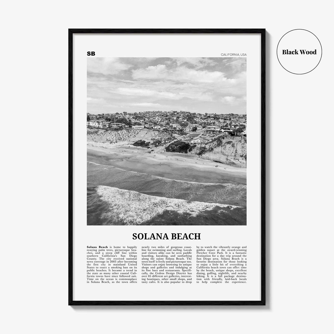 Solana Beach Print Black and White, Solana Beach Wall Art, Solana Beach Poster, Solana Beach Photo, California, USA, United States, America