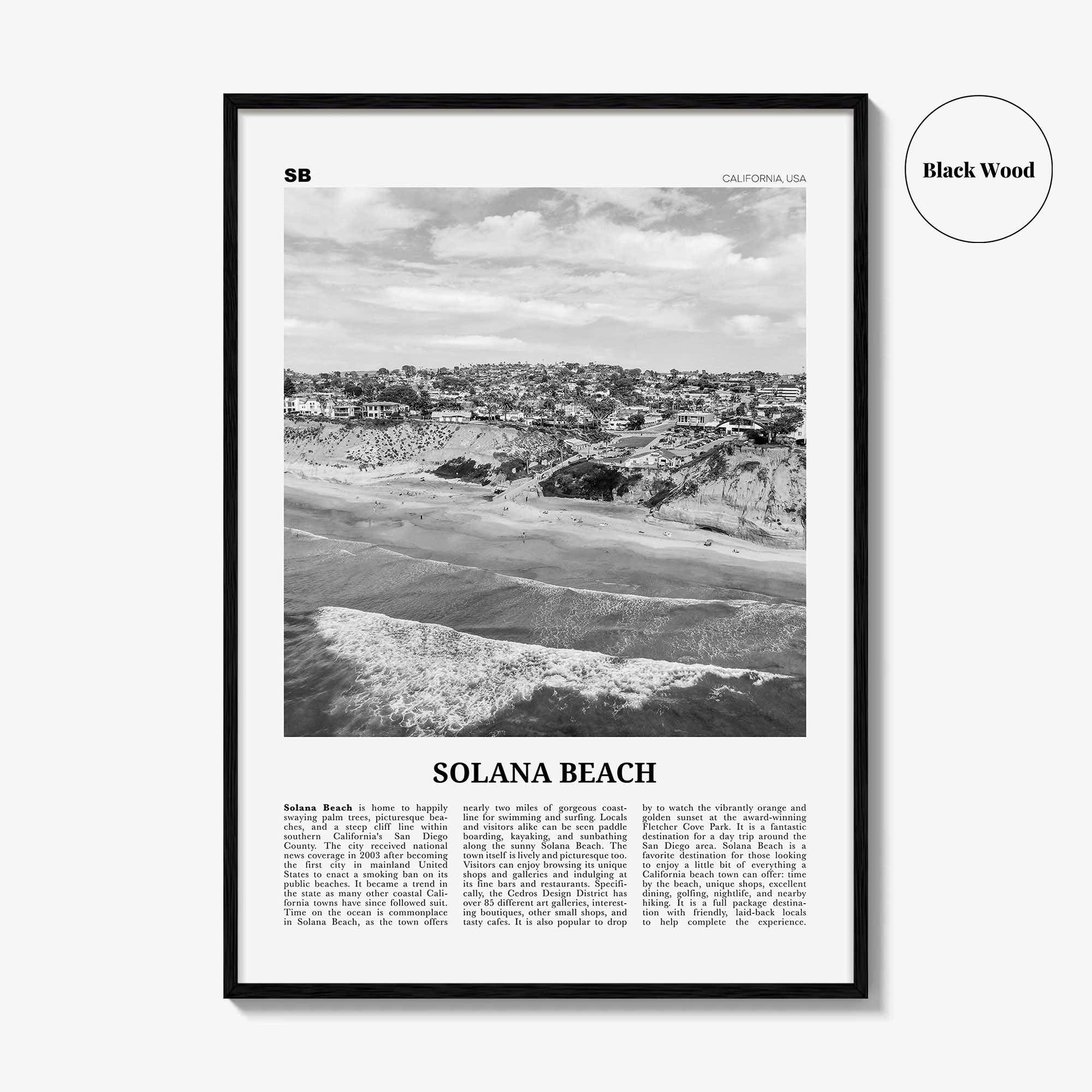 Solana Beach Print Black and White, Solana Beach Wall Art, Solana Beach Poster, Solana Beach Photo, California, USA, United States, America