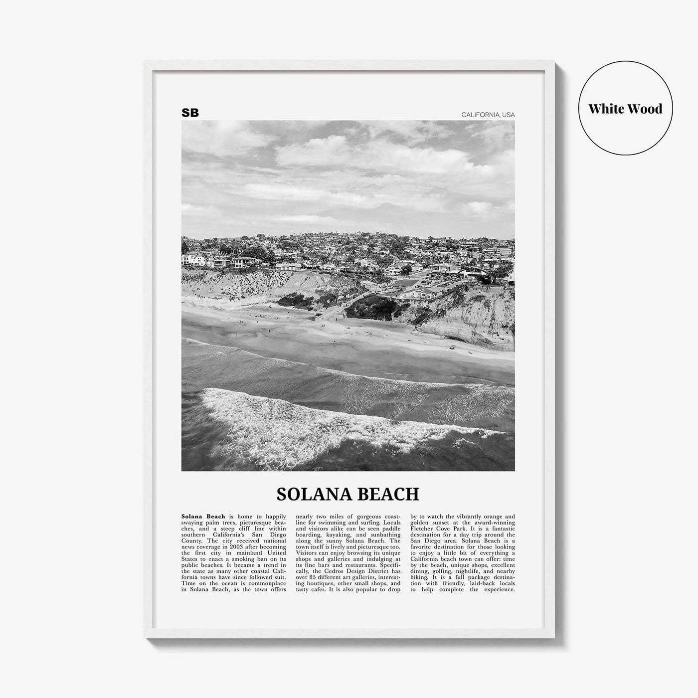 Solana Beach Print Black and White, Solana Beach Wall Art, Solana Beach Poster, Solana Beach Photo, California, USA, United States, America