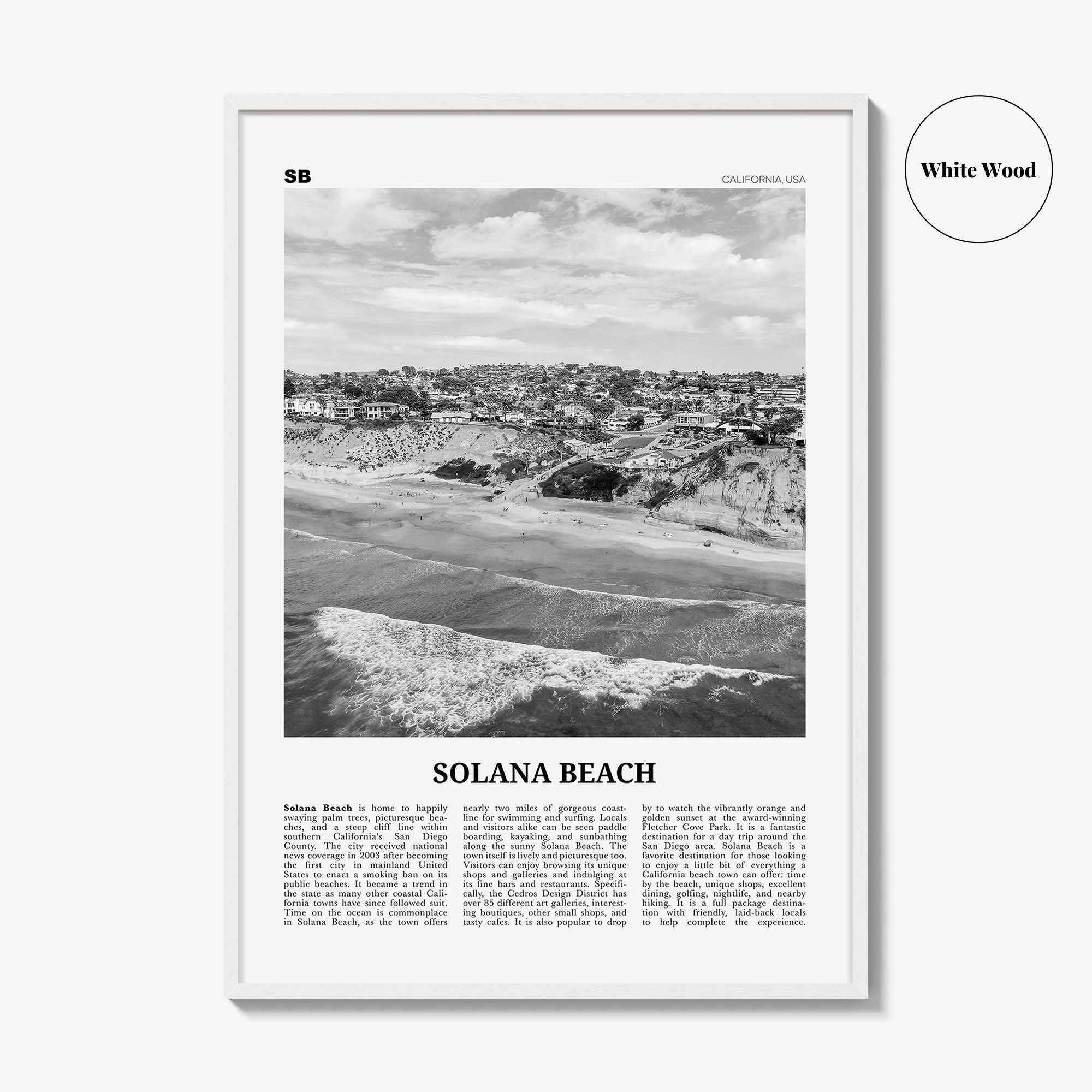 Solana Beach Print Black and White, Solana Beach Wall Art, Solana Beach Poster, Solana Beach Photo, California, USA, United States, America