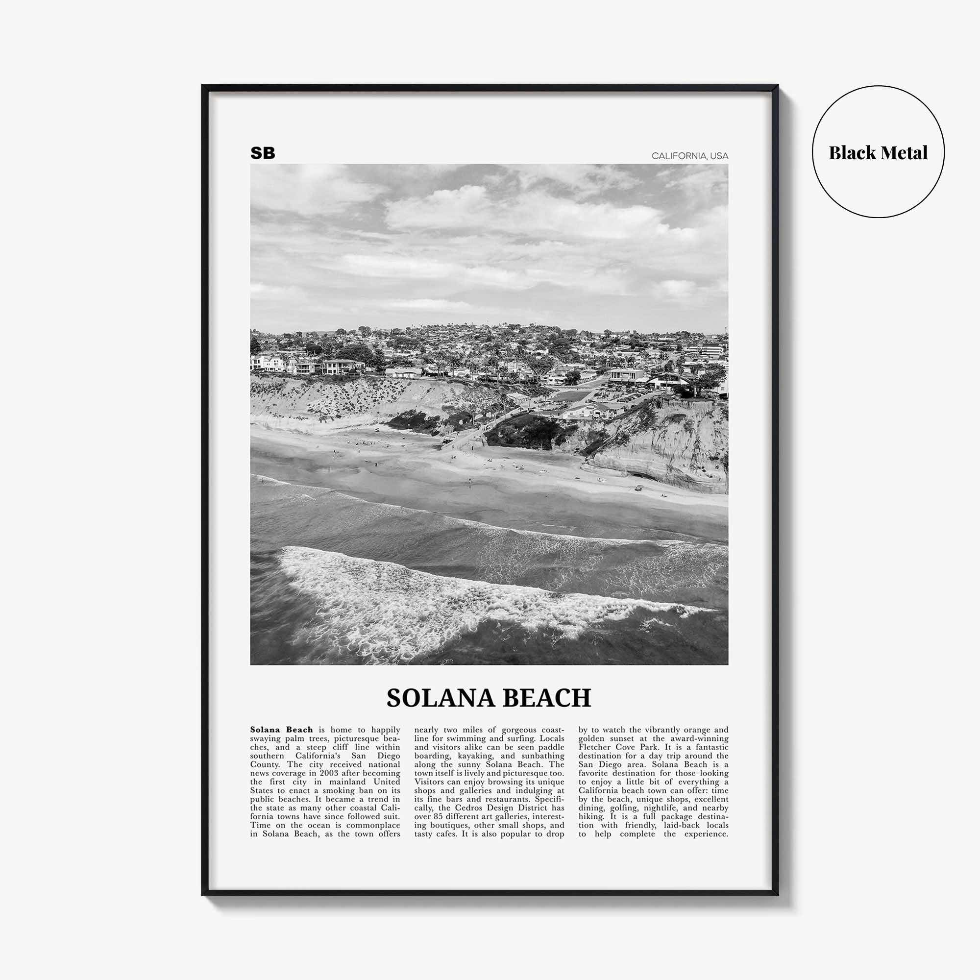 Solana Beach Print Black and White, Solana Beach Wall Art, Solana Beach Poster, Solana Beach Photo, California, USA, United States, America