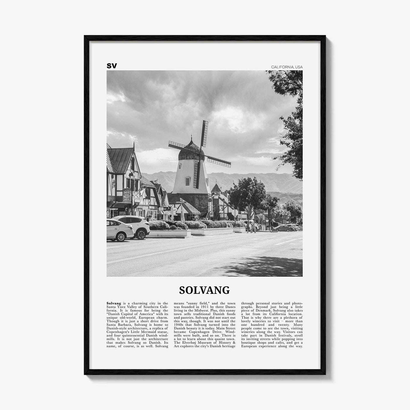 Solvang Print Black and White, Solvang Wall Art, Solvang Poster, Solvang Photo, Solvang Map, Solvang Wall Decor, California, USA