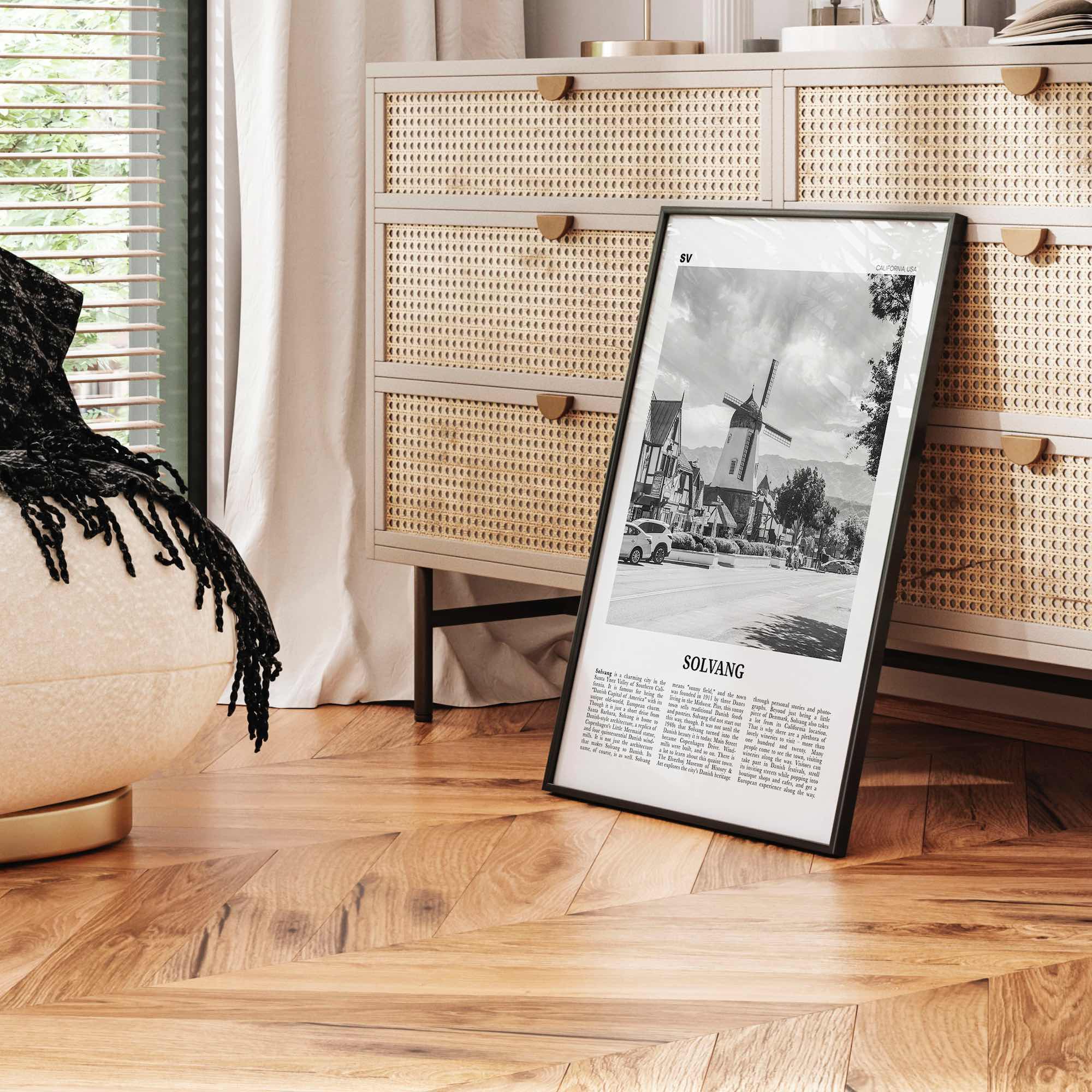 Solvang Print Black and White, Solvang Wall Art, Solvang Poster, Solvang Photo, Solvang Map, Solvang Wall Decor, California, USA