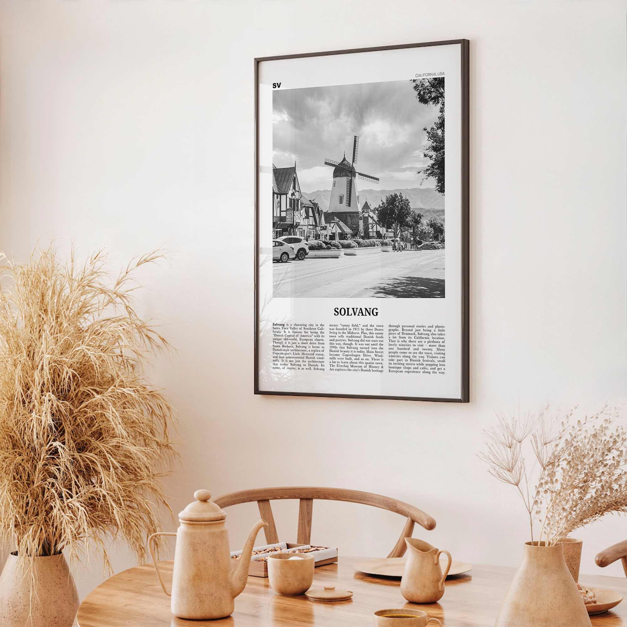 Solvang Print Black and White, Solvang Wall Art, Solvang Poster, Solvang Photo, Solvang Map, Solvang Wall Decor, California, USA