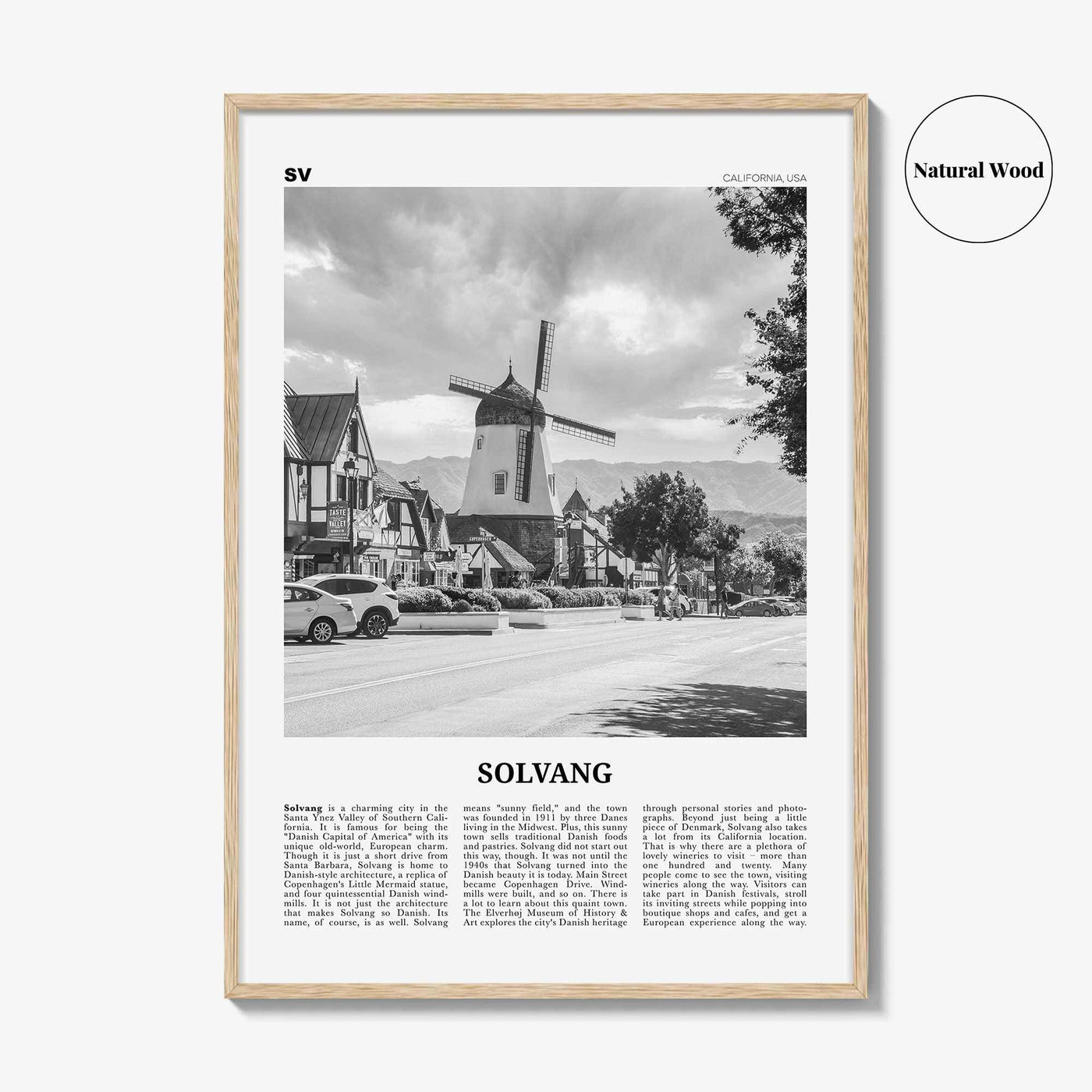 Solvang Print Black and White, Solvang Wall Art, Solvang Poster, Solvang Photo, Solvang Map, Solvang Wall Decor, California, USA