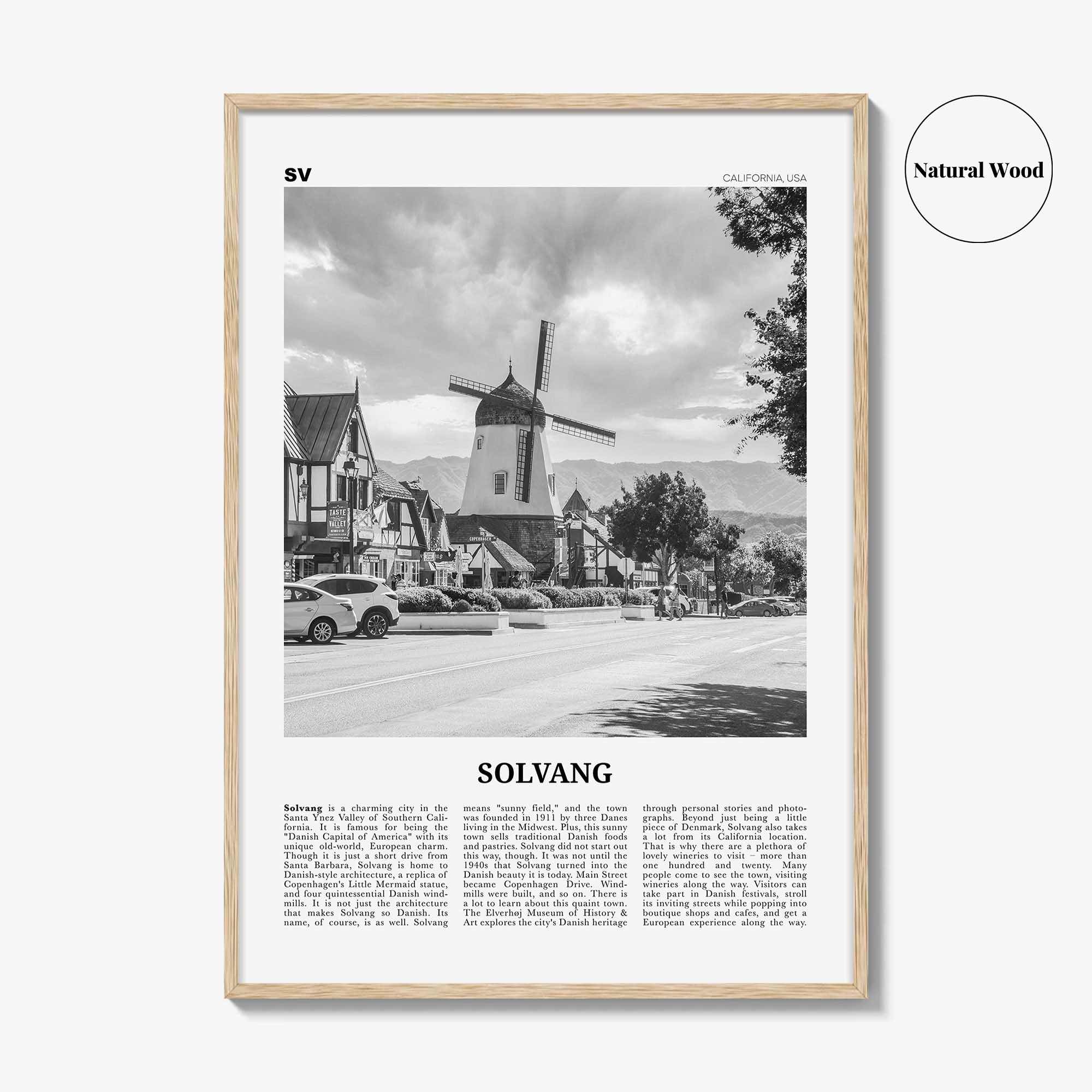Solvang Print Black and White, Solvang Wall Art, Solvang Poster, Solvang Photo, Solvang Map, Solvang Wall Decor, California, USA