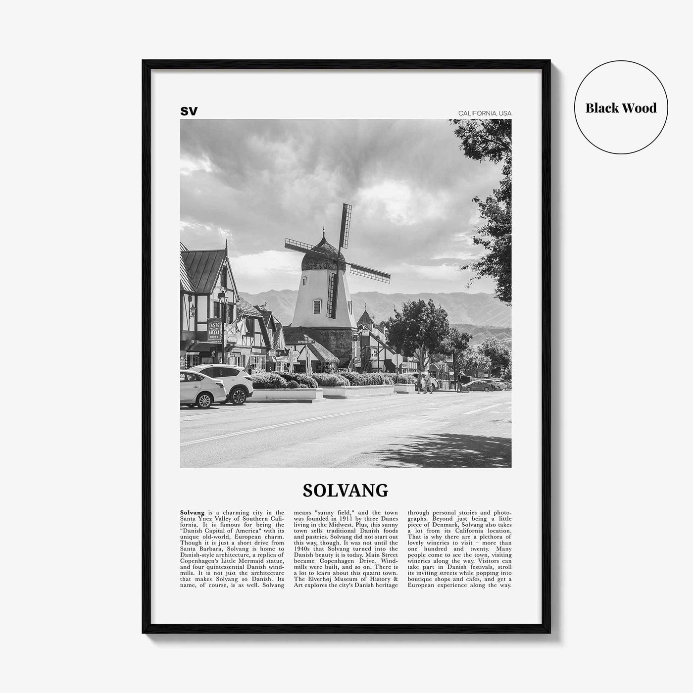 Solvang Print Black and White, Solvang Wall Art, Solvang Poster, Solvang Photo, Solvang Map, Solvang Wall Decor, California, USA