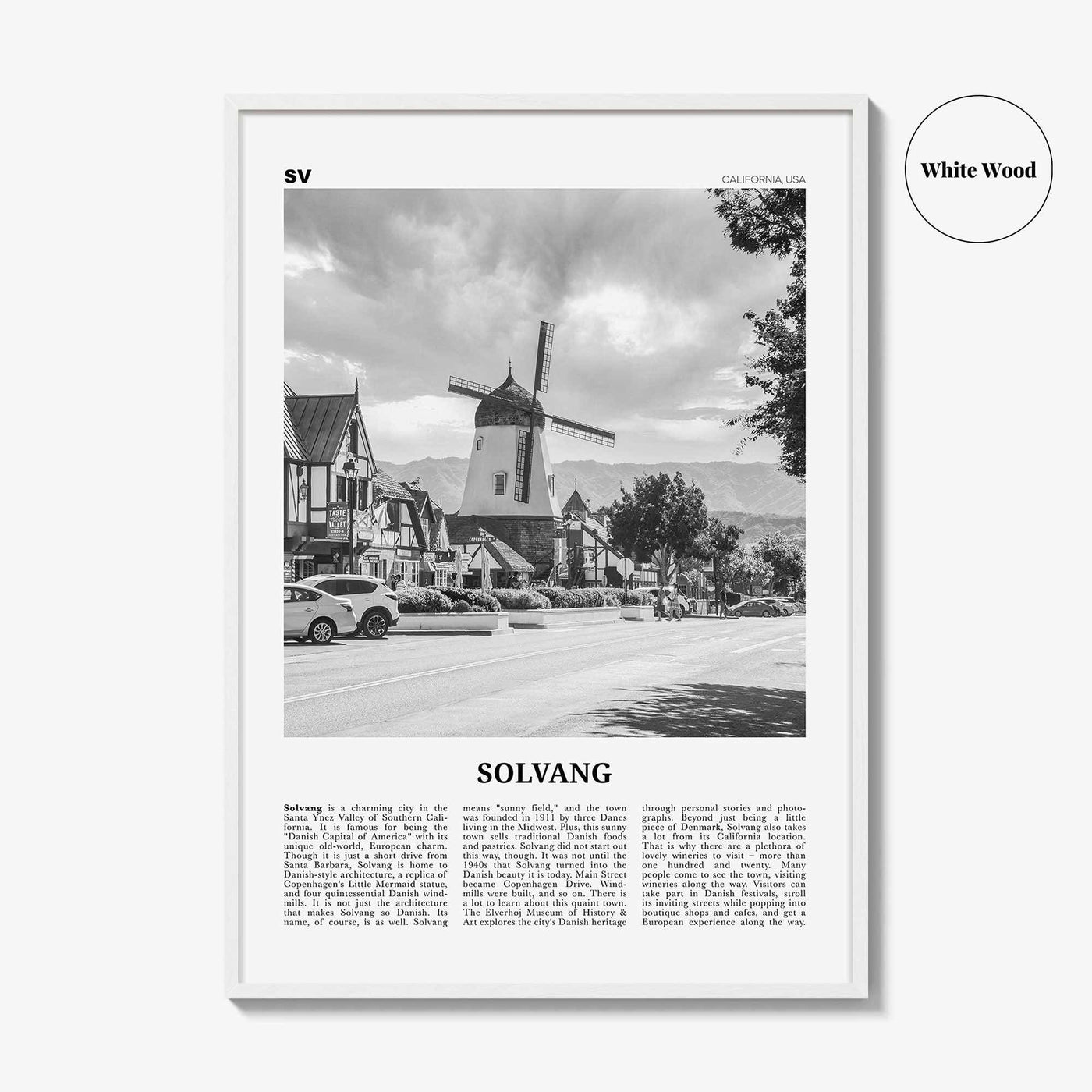 Solvang Print Black and White, Solvang Wall Art, Solvang Poster, Solvang Photo, Solvang Map, Solvang Wall Decor, California, USA
