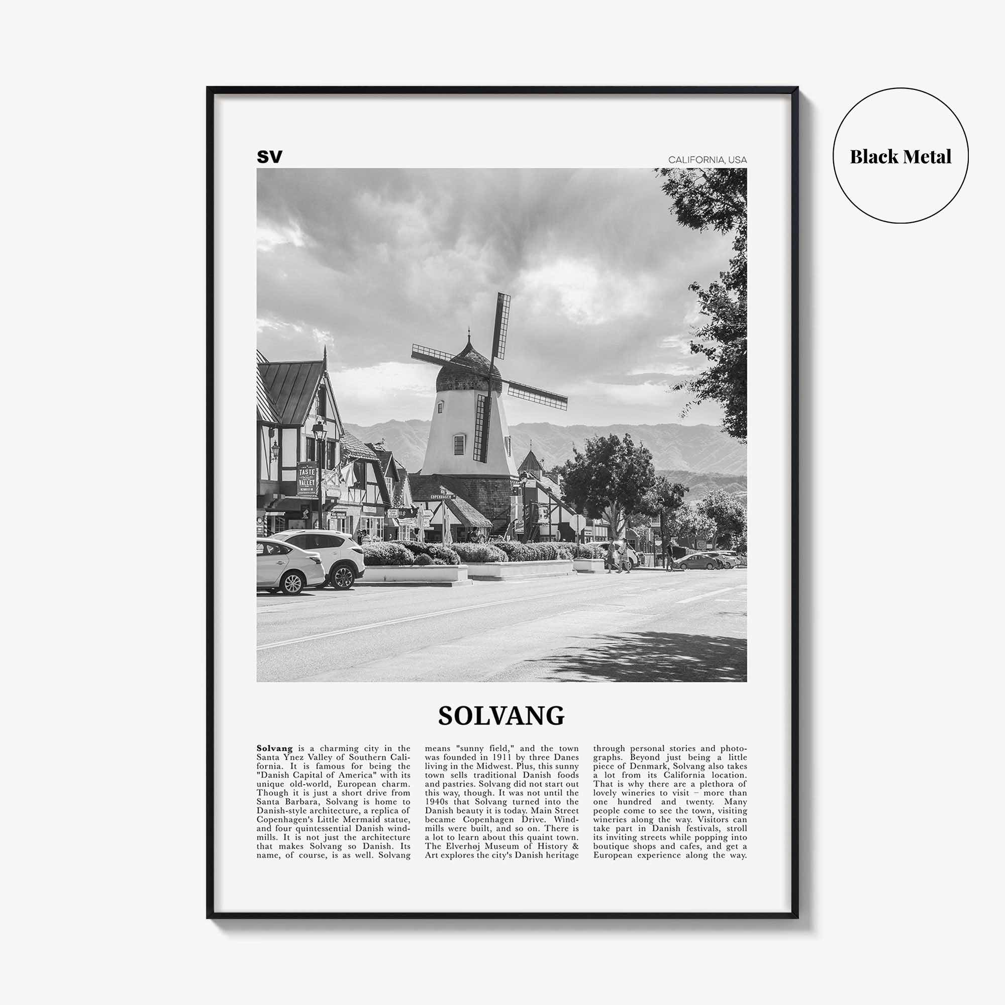 Solvang Print Black and White, Solvang Wall Art, Solvang Poster, Solvang Photo, Solvang Map, Solvang Wall Decor, California, USA