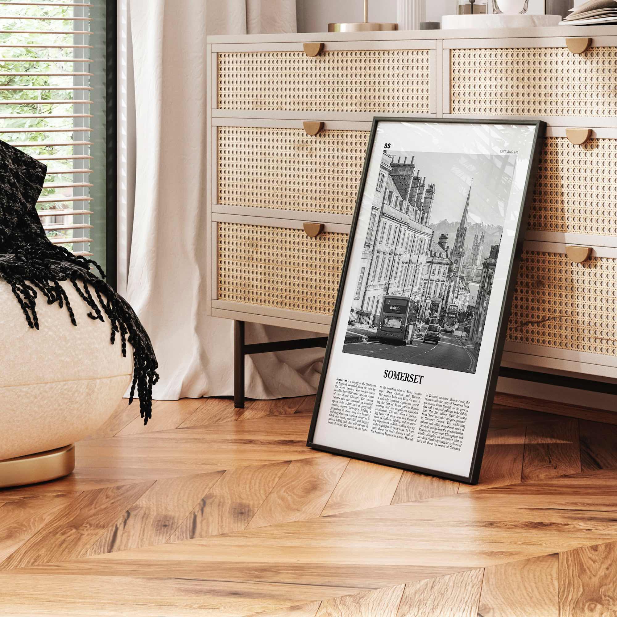 Somerset Print Black and White, Somerset Wall Art, Somerset Poster, Somerset Photo, Somerset Map, England, UK, United Kingdom