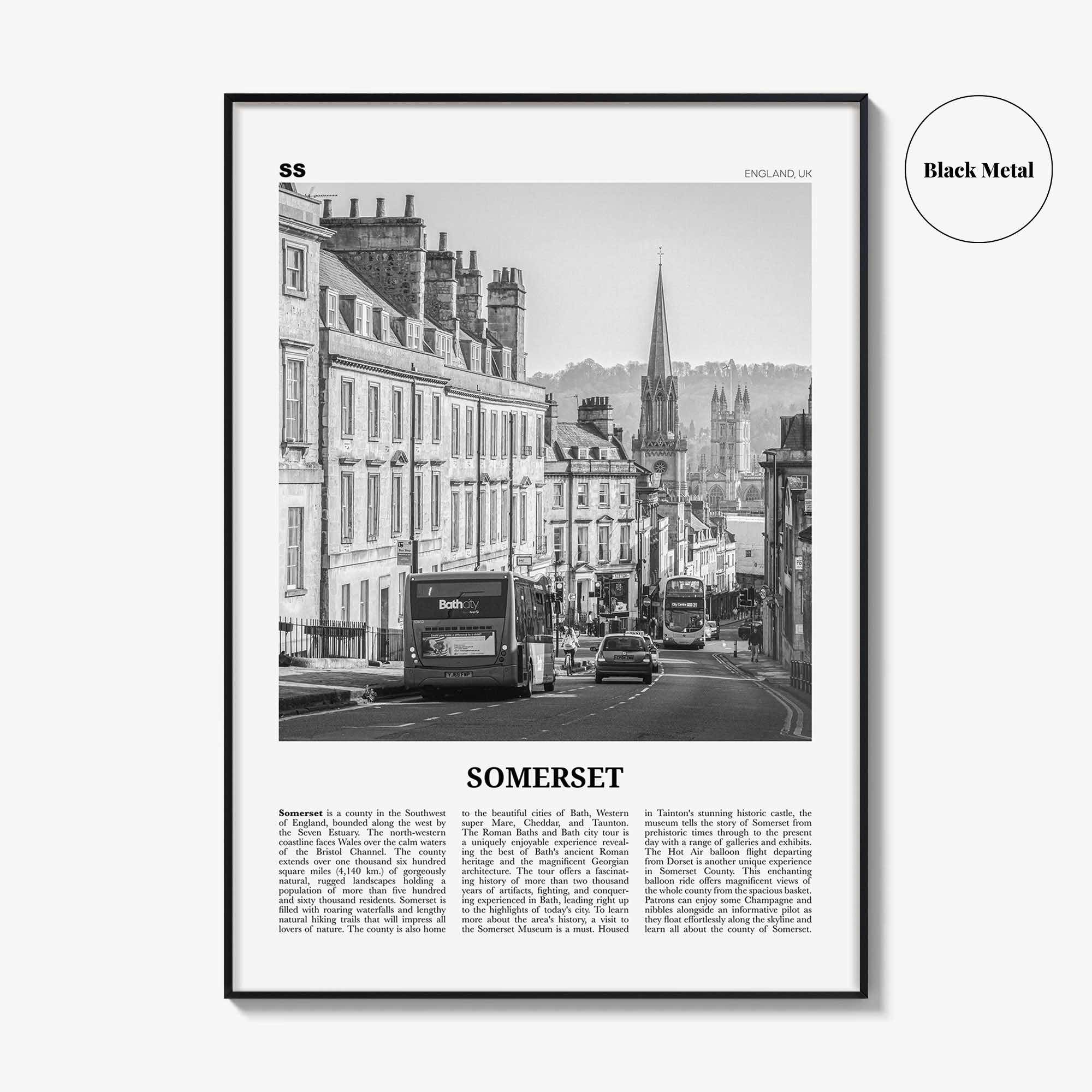 Somerset Print Black and White, Somerset Wall Art, Somerset Poster, Somerset Photo, Somerset Map, England, UK, United Kingdom