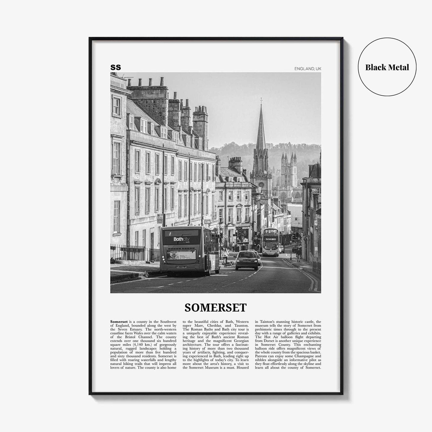 Somerset Print Black and White, Somerset Wall Art, Somerset Poster, Somerset Photo, Somerset Map, England, UK, United Kingdom