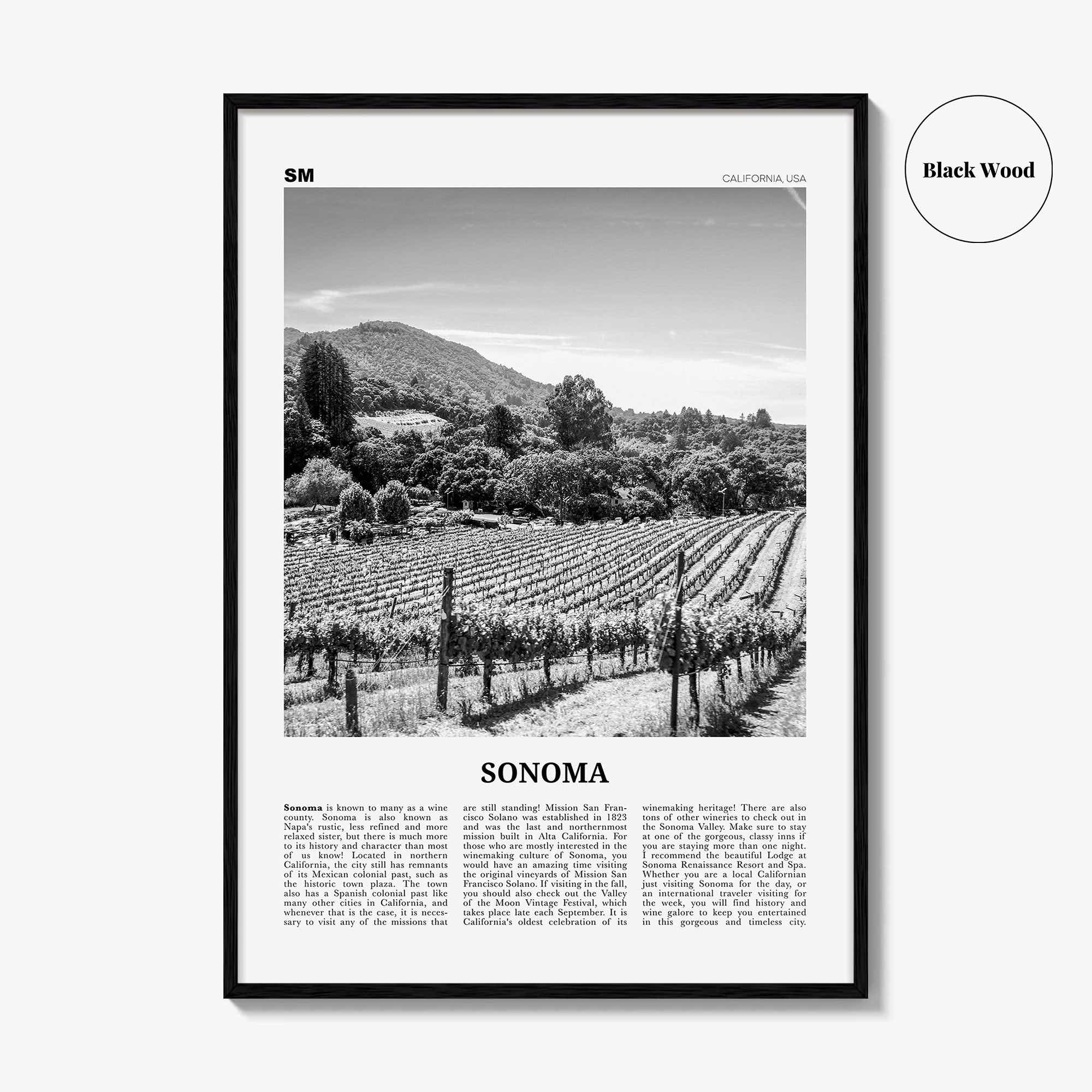 Sonoma Print Black and White, Sonoma Wall Art, Sonoma Poster, Sonoma Photo, Sonoma Wall Decor, California, USA, United States, North America