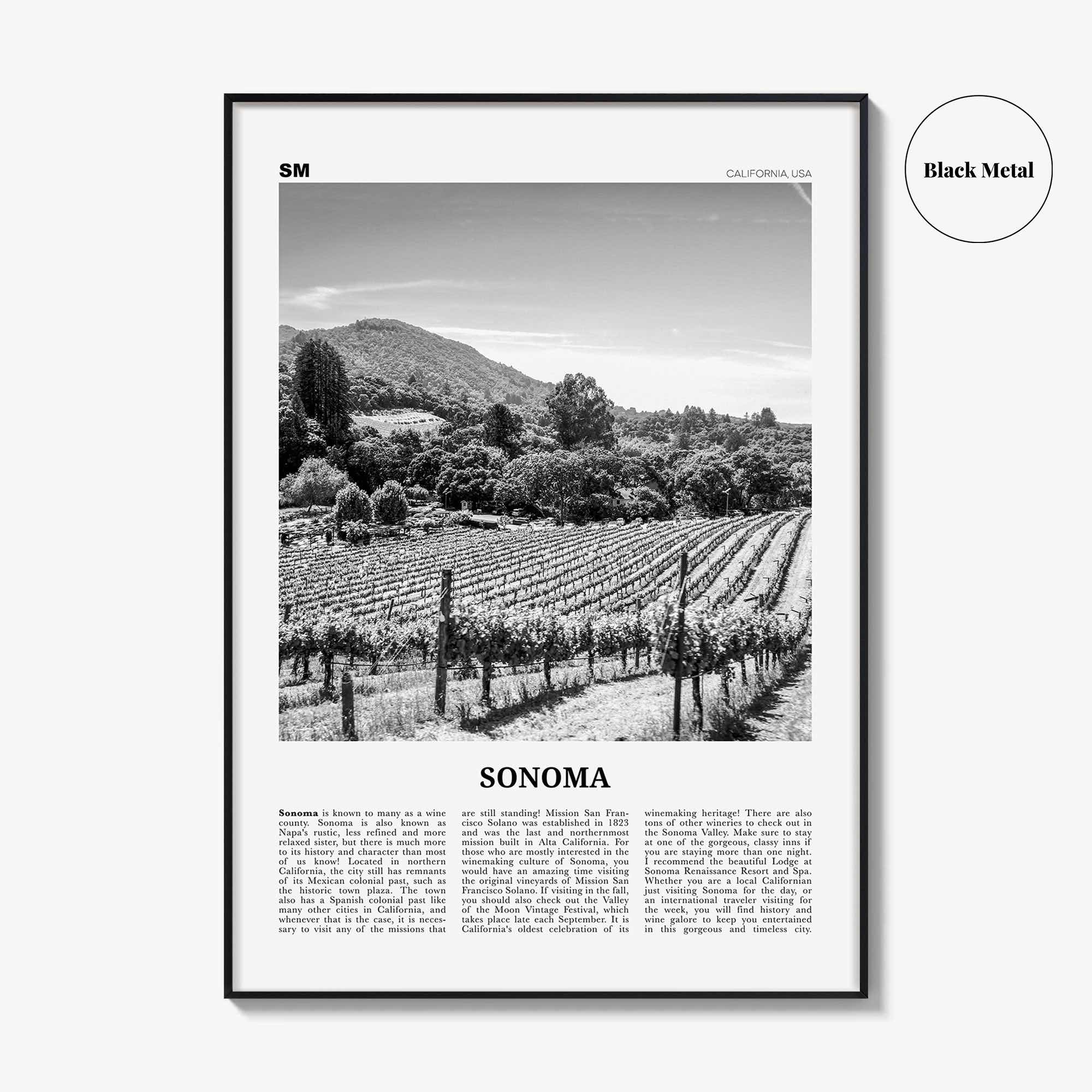 Sonoma Print Black and White, Sonoma Wall Art, Sonoma Poster, Sonoma Photo, Sonoma Wall Decor, California, USA, United States, North America