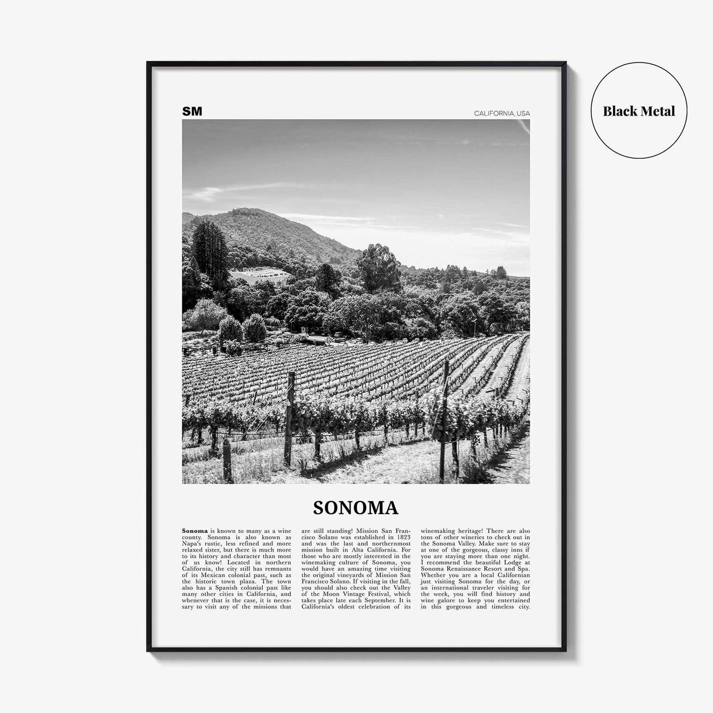 Sonoma Print Black and White, Sonoma Wall Art, Sonoma Poster, Sonoma Photo, Sonoma Wall Decor, California, USA, United States, North America