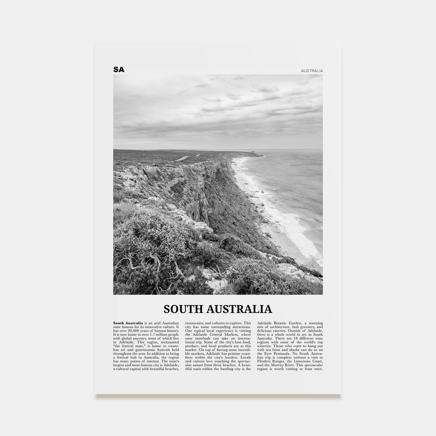 South Australia Travel B&W Poster