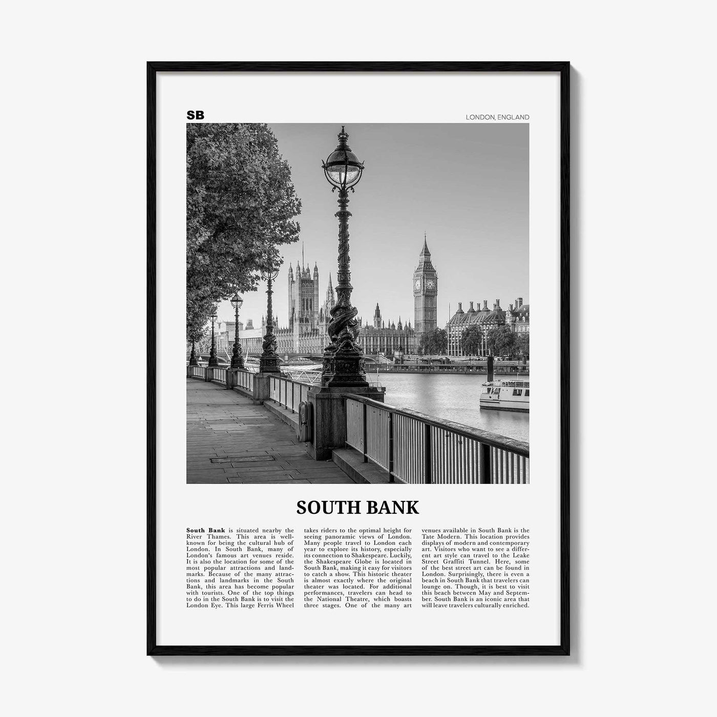 South Bank Print Black and White, South Bank Wall Art, South Bank Poster, South Bank Photo, South Bank Décor, South Bank Map, London England