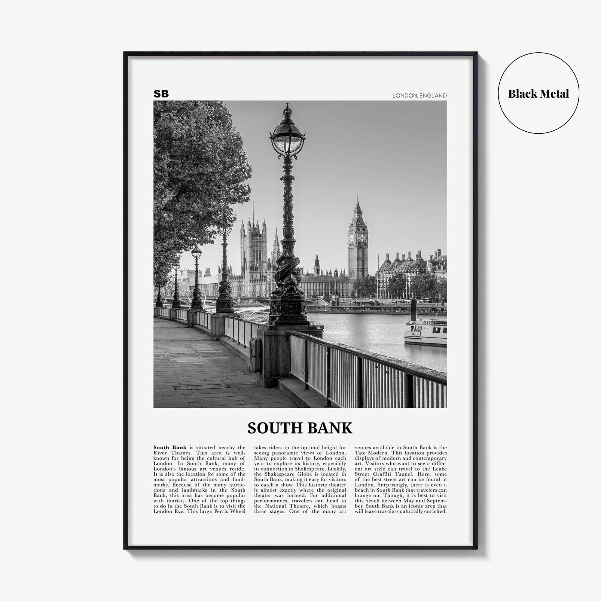 South Bank Print Black and White, South Bank Wall Art, South Bank Poster, South Bank Photo, South Bank Décor, South Bank Map, London England