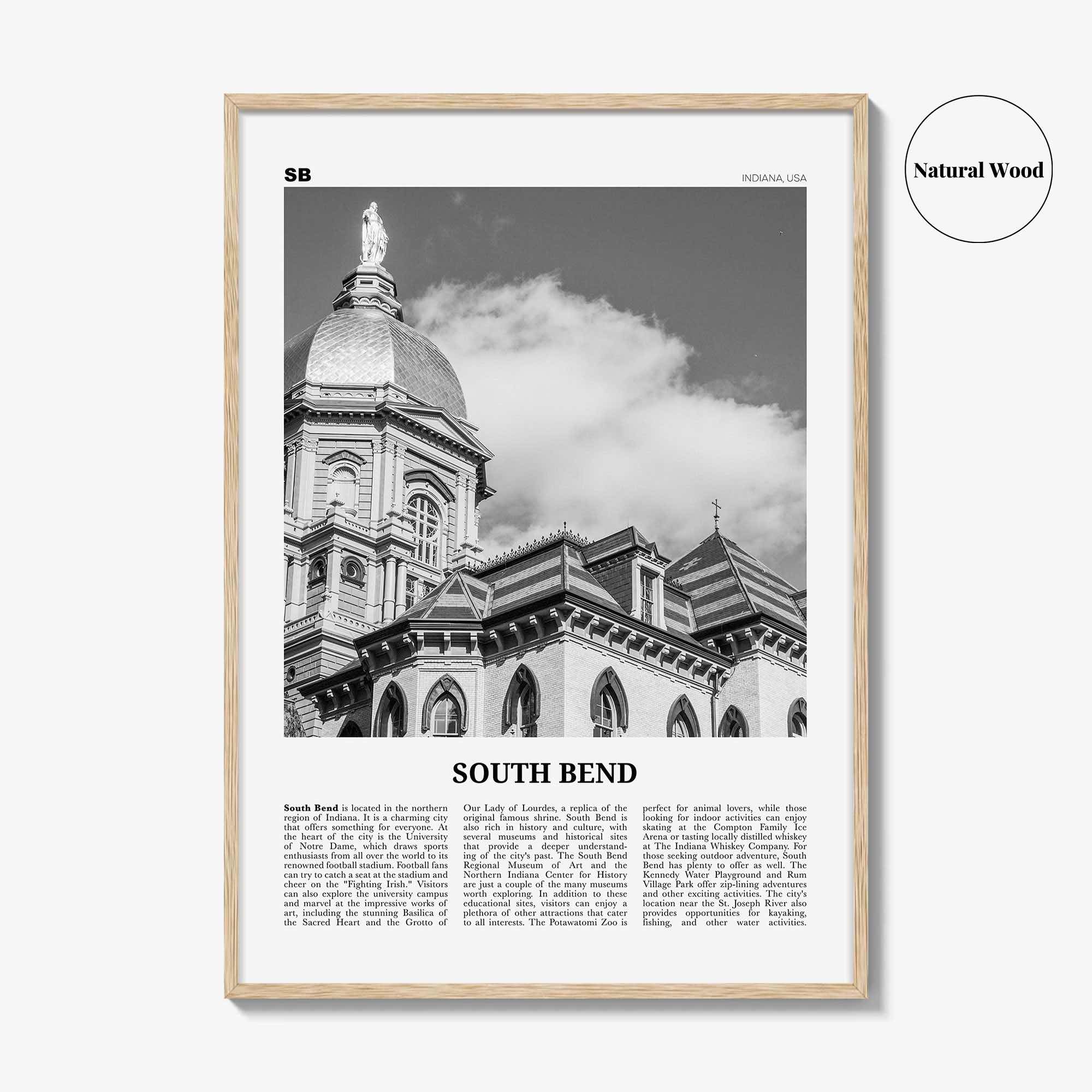 South Bend Print Black and White, South Bend Wall Art, South Bend Poster, South Bend Photo, South Bend Wall Décor, Indiana USA United States