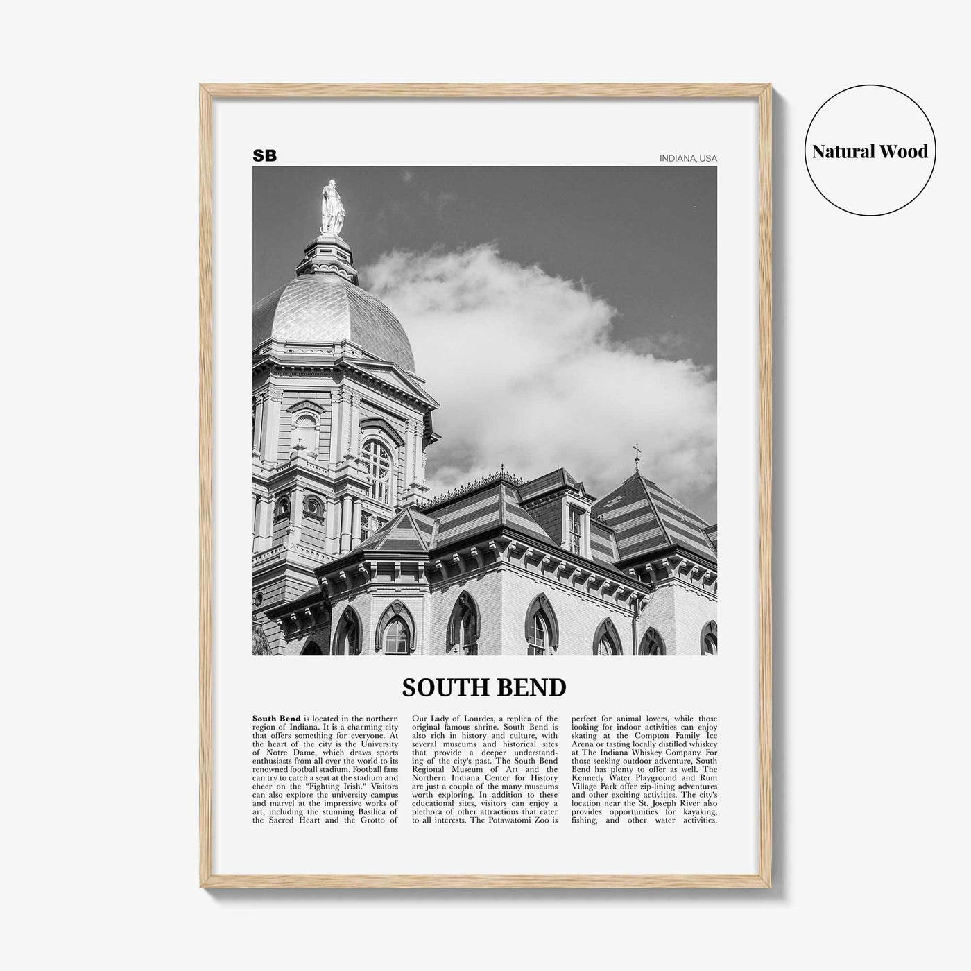 South Bend Print Black and White, South Bend Wall Art, South Bend Poster, South Bend Photo, South Bend Wall Décor, Indiana USA United States