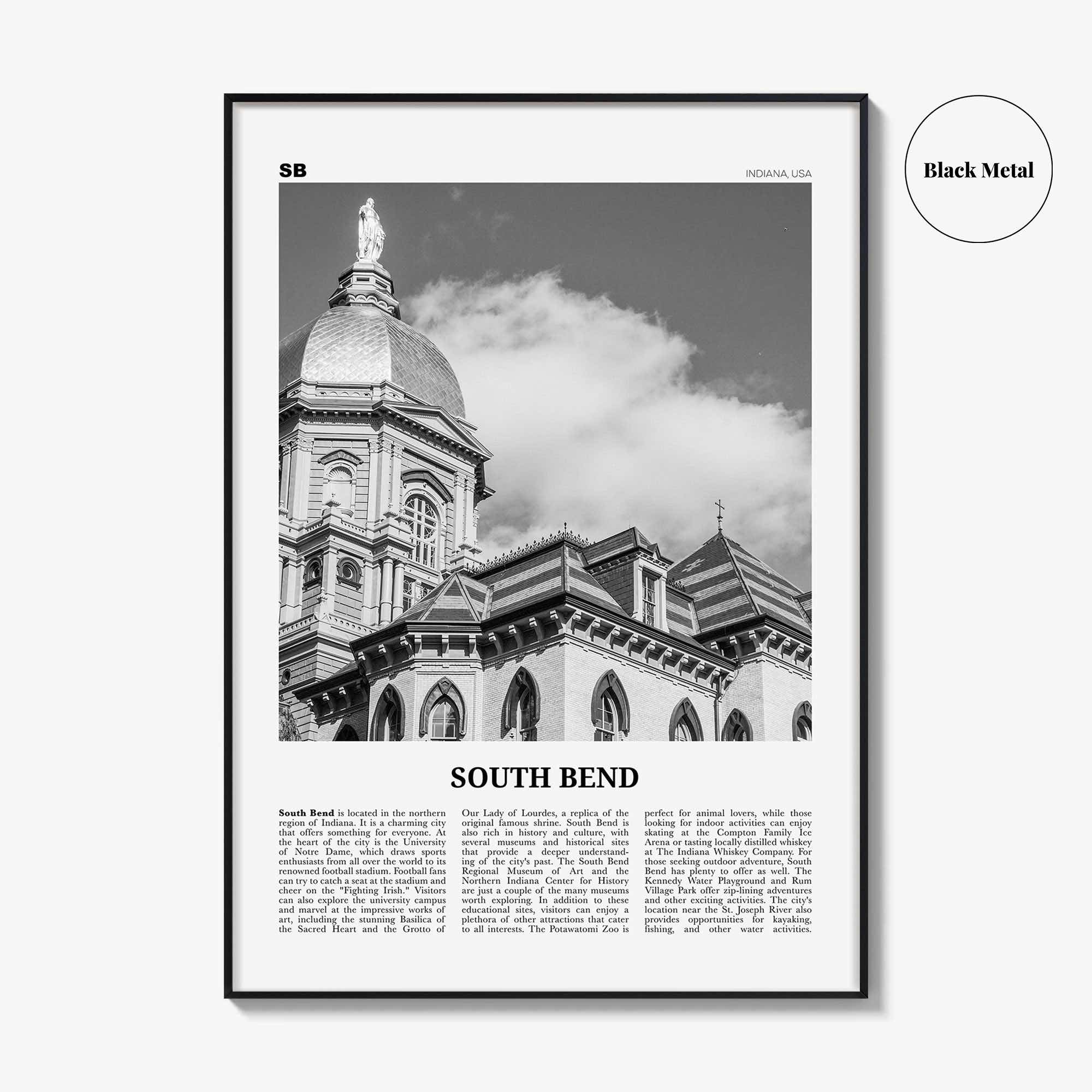South Bend Print Black and White, South Bend Wall Art, South Bend Poster, South Bend Photo, South Bend Wall Décor, Indiana USA United States