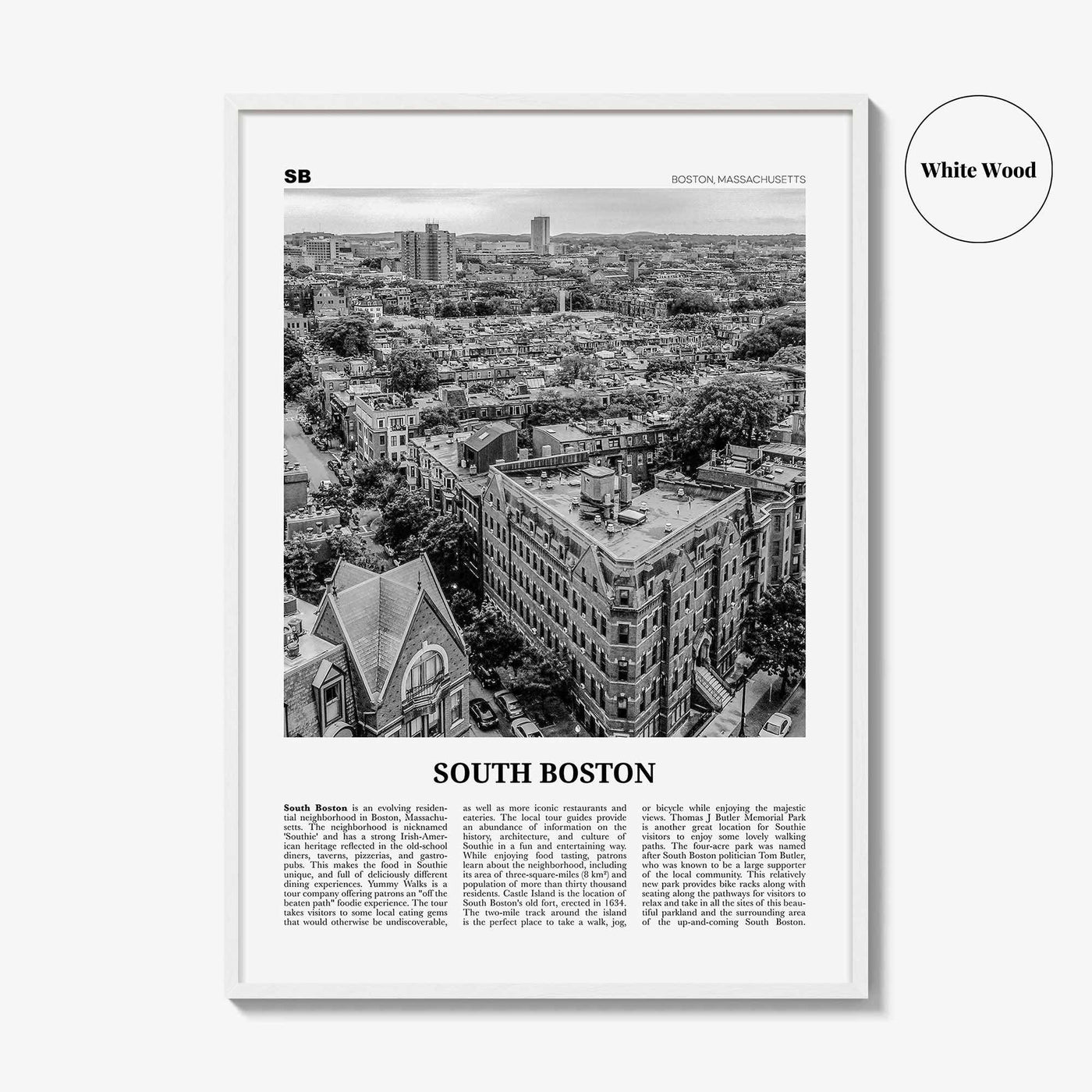 South Boston Print Black and White, South Boston Wall Art, South Boston Poster, South Boston Photo, South Boston Map, Massachusetts, USA