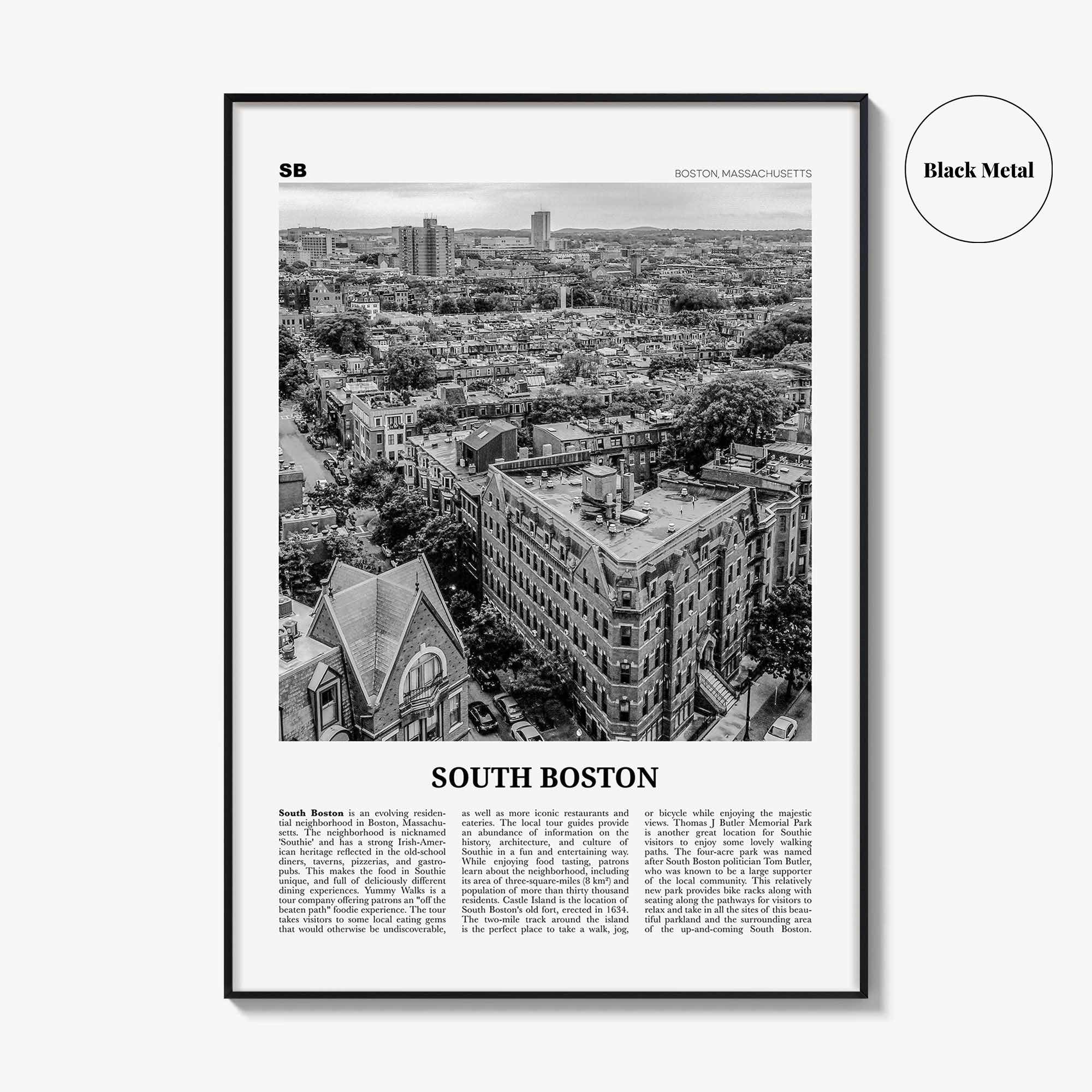 South Boston Print Black and White, South Boston Wall Art, South Boston Poster, South Boston Photo, South Boston Map, Massachusetts, USA