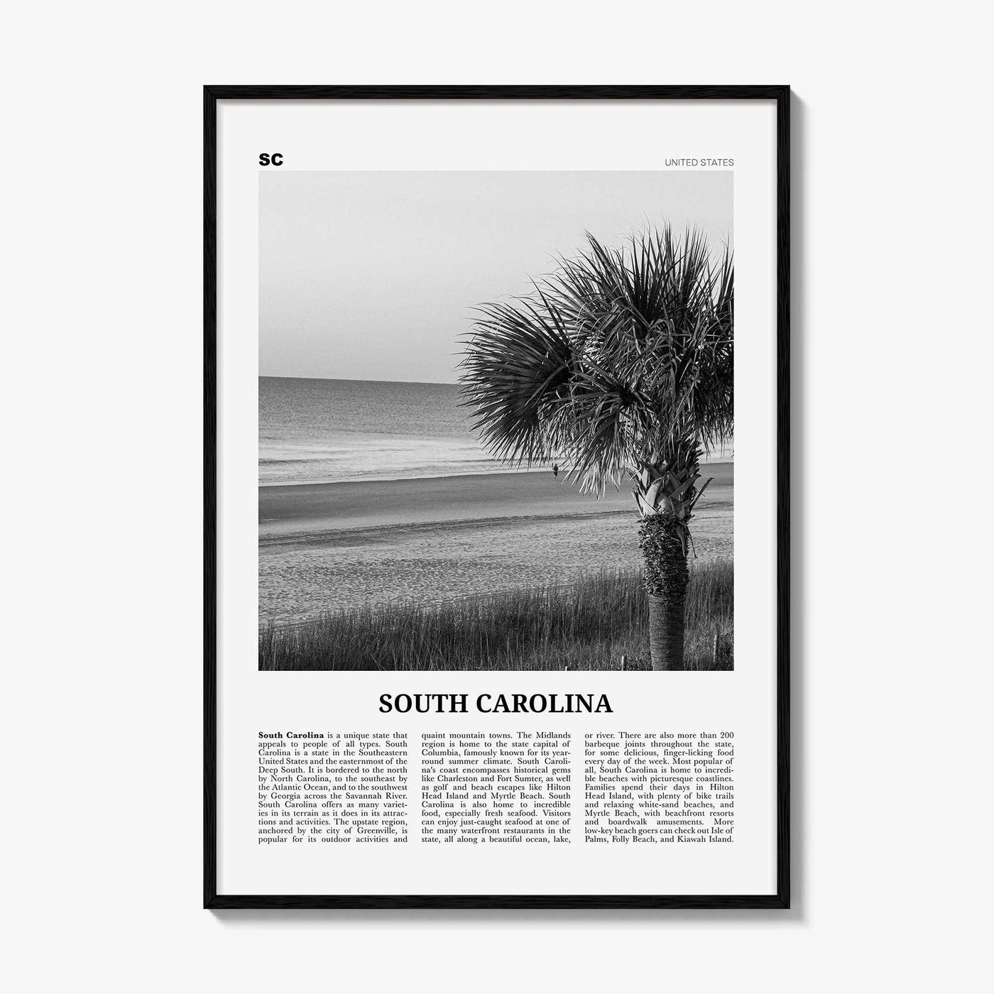 South Carolina Print Black and White No 1, South Carolina Art, South Carolina Poster, South Carolina Photo, South Carolina Map