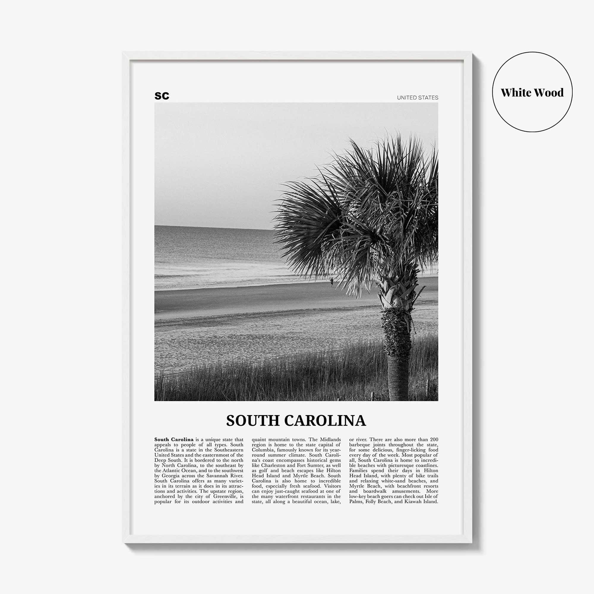 South Carolina Print Black and White No 1, South Carolina Art, South Carolina Poster, South Carolina Photo, South Carolina Map