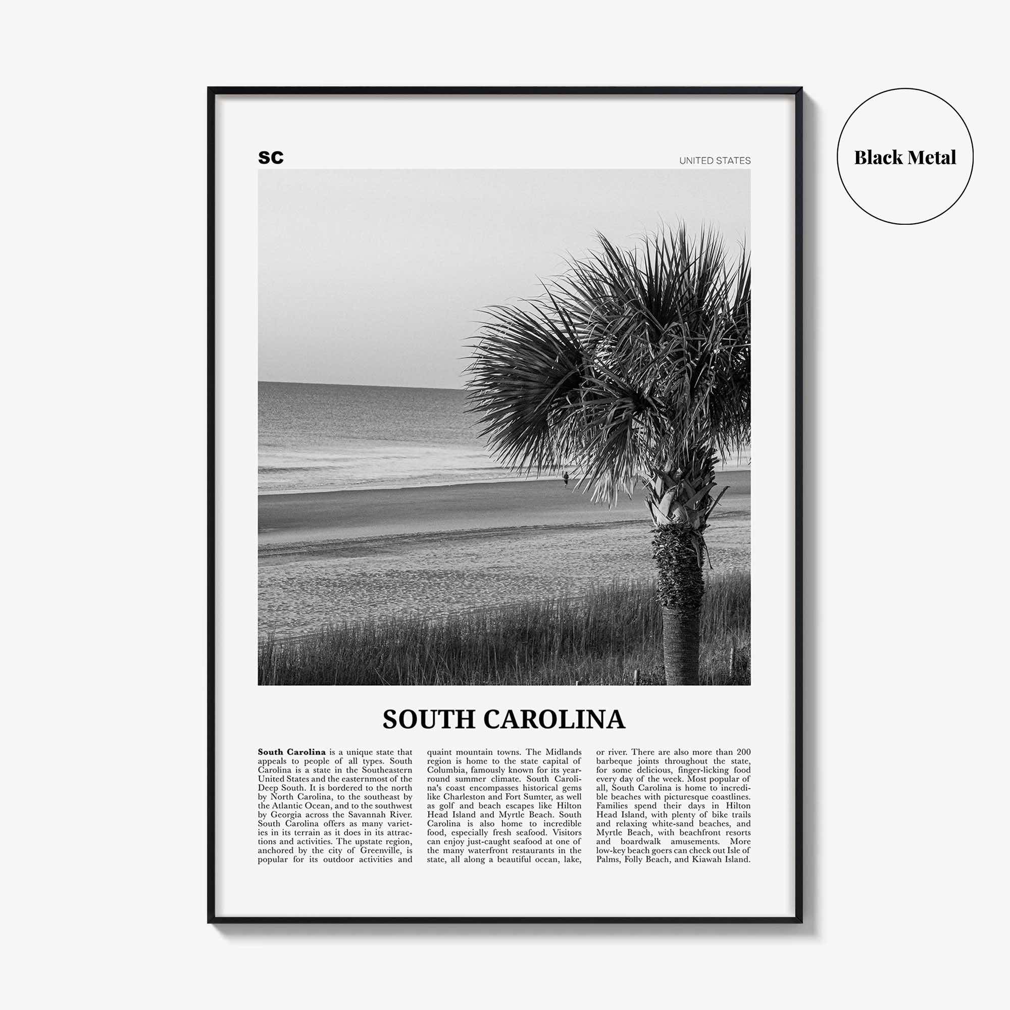 South Carolina Print Black and White No 1, South Carolina Art, South Carolina Poster, South Carolina Photo, South Carolina Map