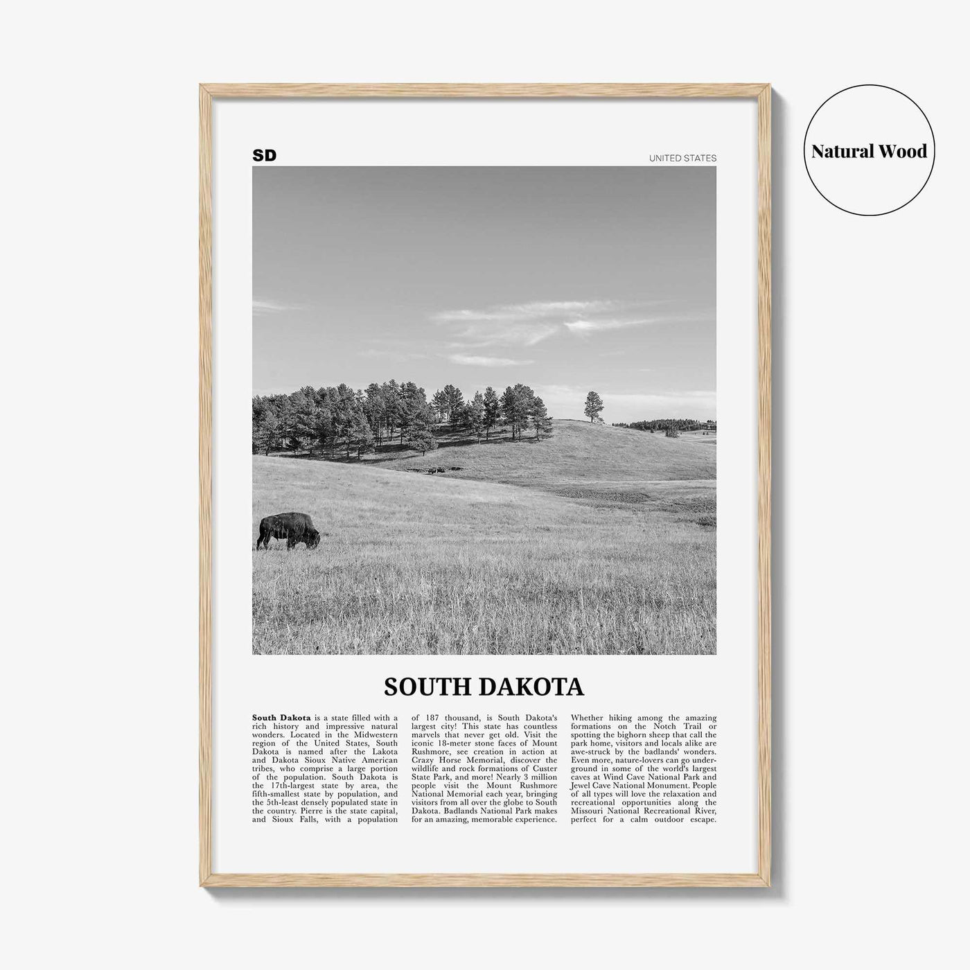 South Dakota Print Black and White No 1, South Dakota Art, South Dakota Poster, South Dakota Photo, South Dakota Map