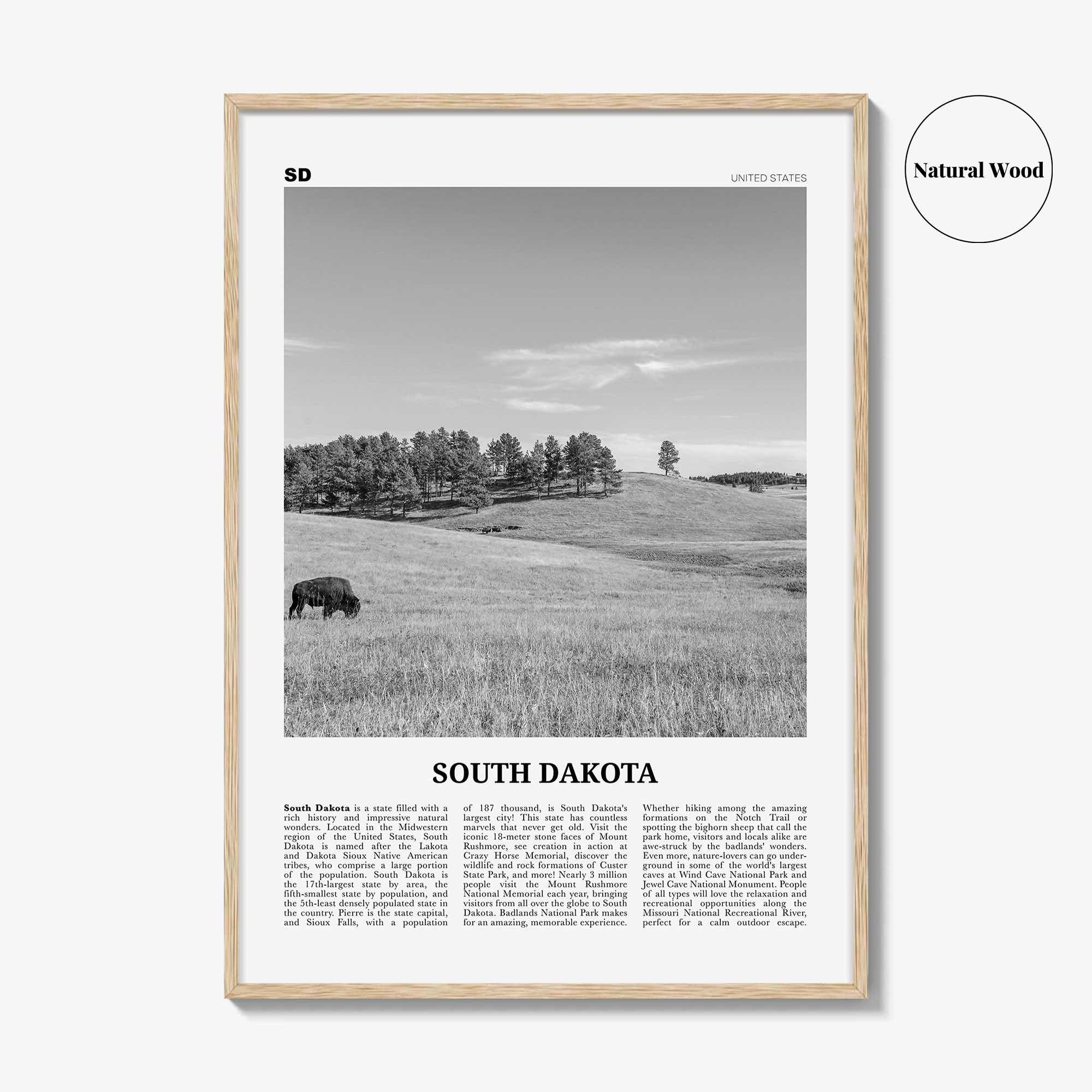 South Dakota Print Black and White No 1, South Dakota Art, South Dakota Poster, South Dakota Photo, South Dakota Map