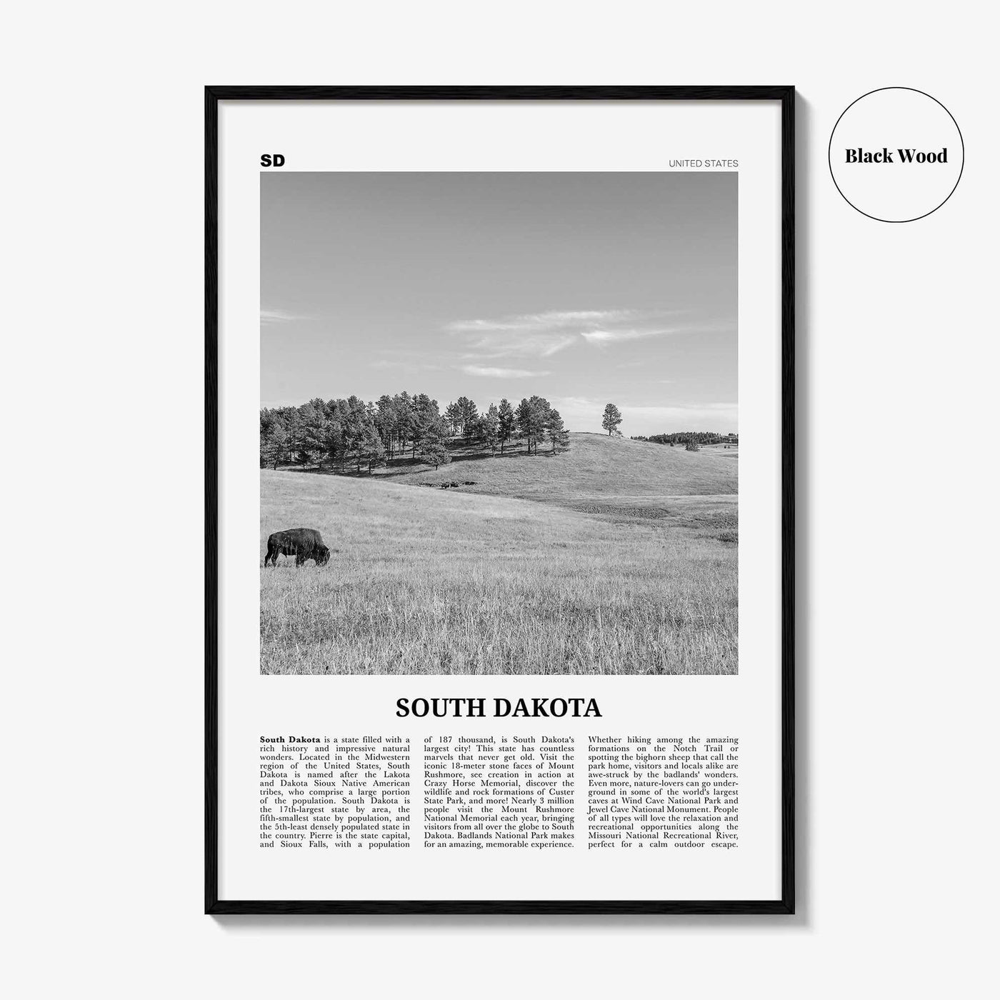 South Dakota Print Black and White No 1, South Dakota Art, South Dakota Poster, South Dakota Photo, South Dakota Map