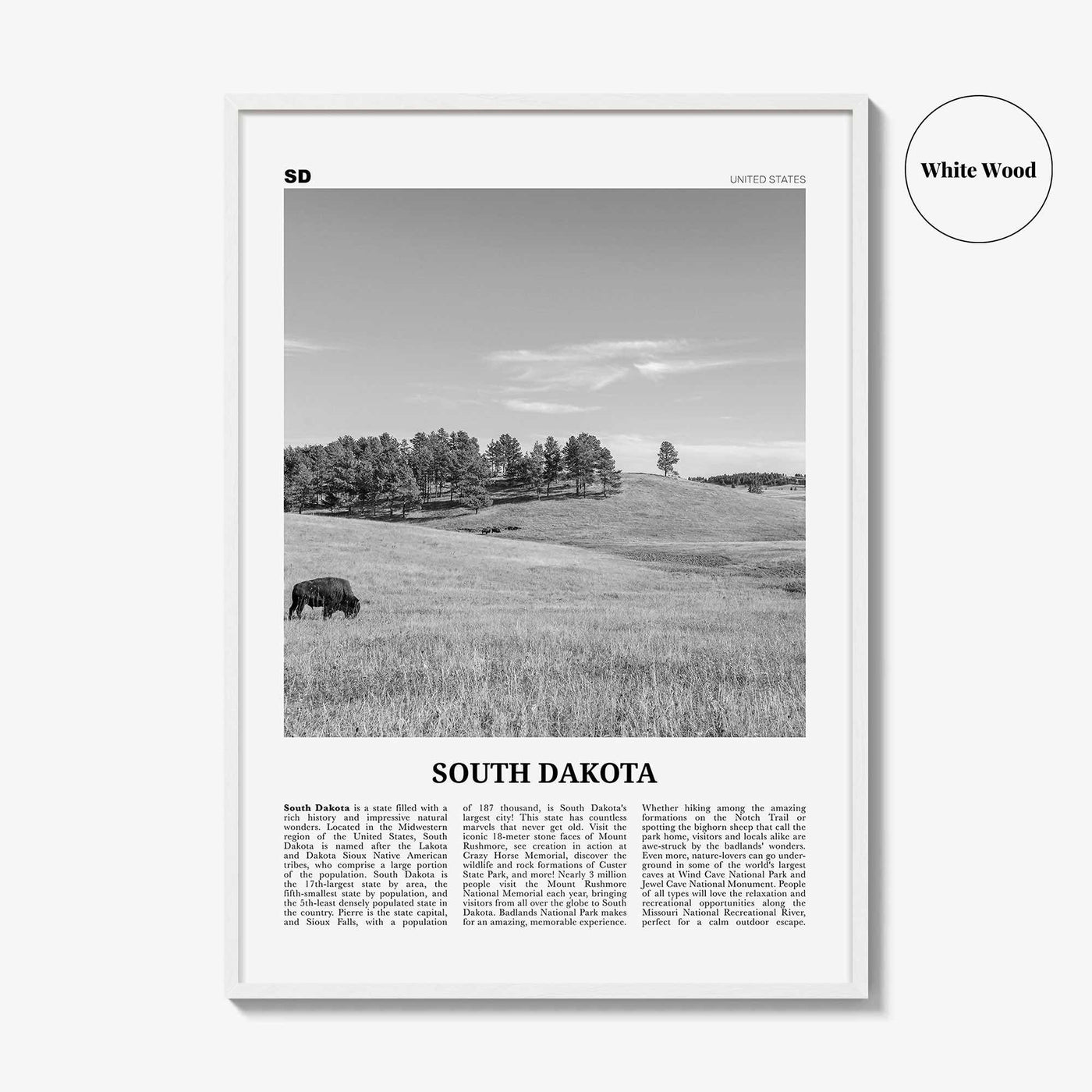 South Dakota Print Black and White No 1, South Dakota Art, South Dakota Poster, South Dakota Photo, South Dakota Map