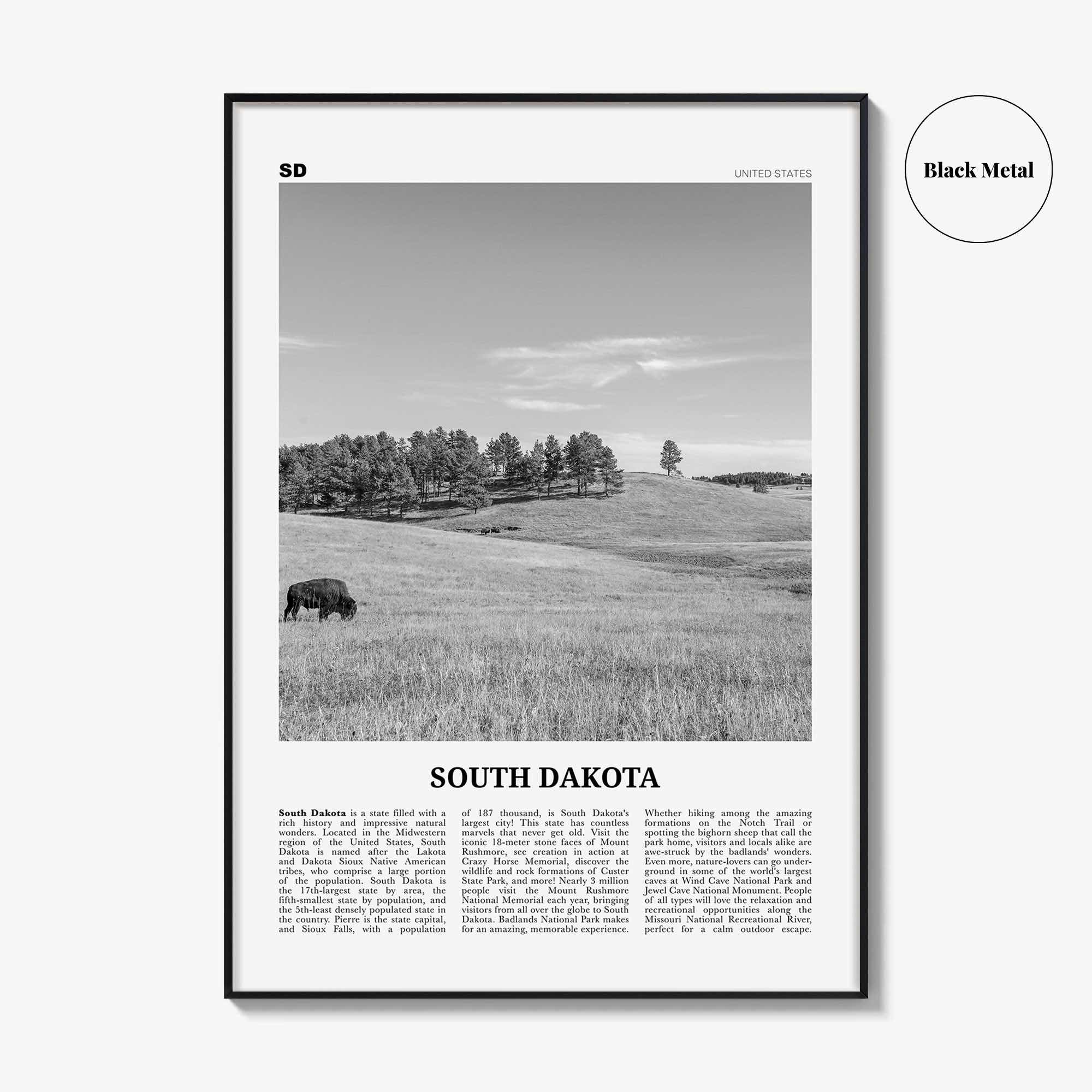 South Dakota Print Black and White No 1, South Dakota Art, South Dakota Poster, South Dakota Photo, South Dakota Map