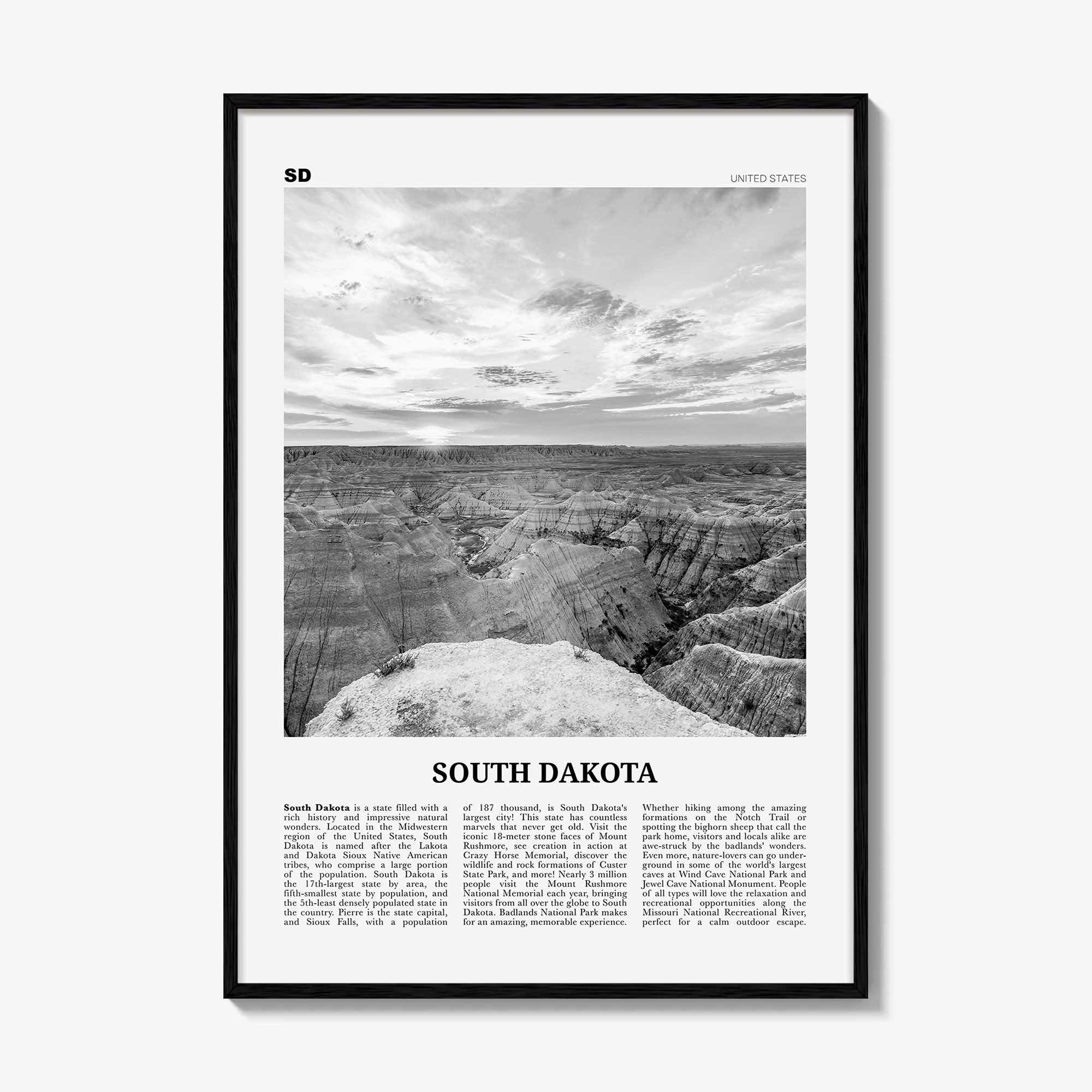 South Dakota Print Black and White No 2, South Dakota Wall Art, South Dakota Poster, South Dakota Photo, USA, United States, North America